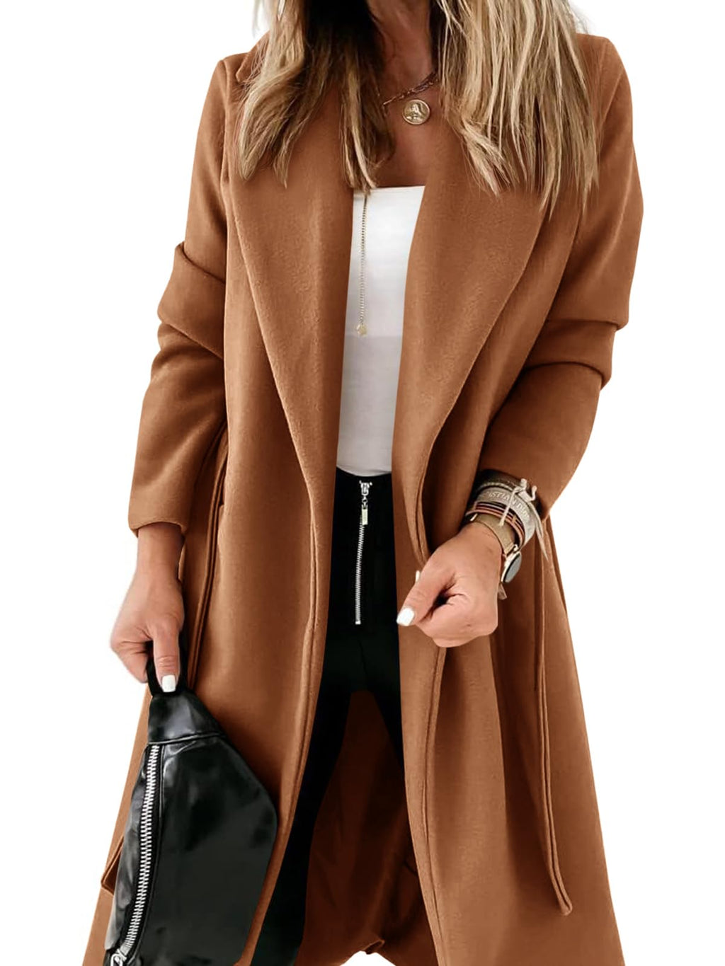 Womens Classic Coat Lapel Collar Open Front Belted Long Jacket