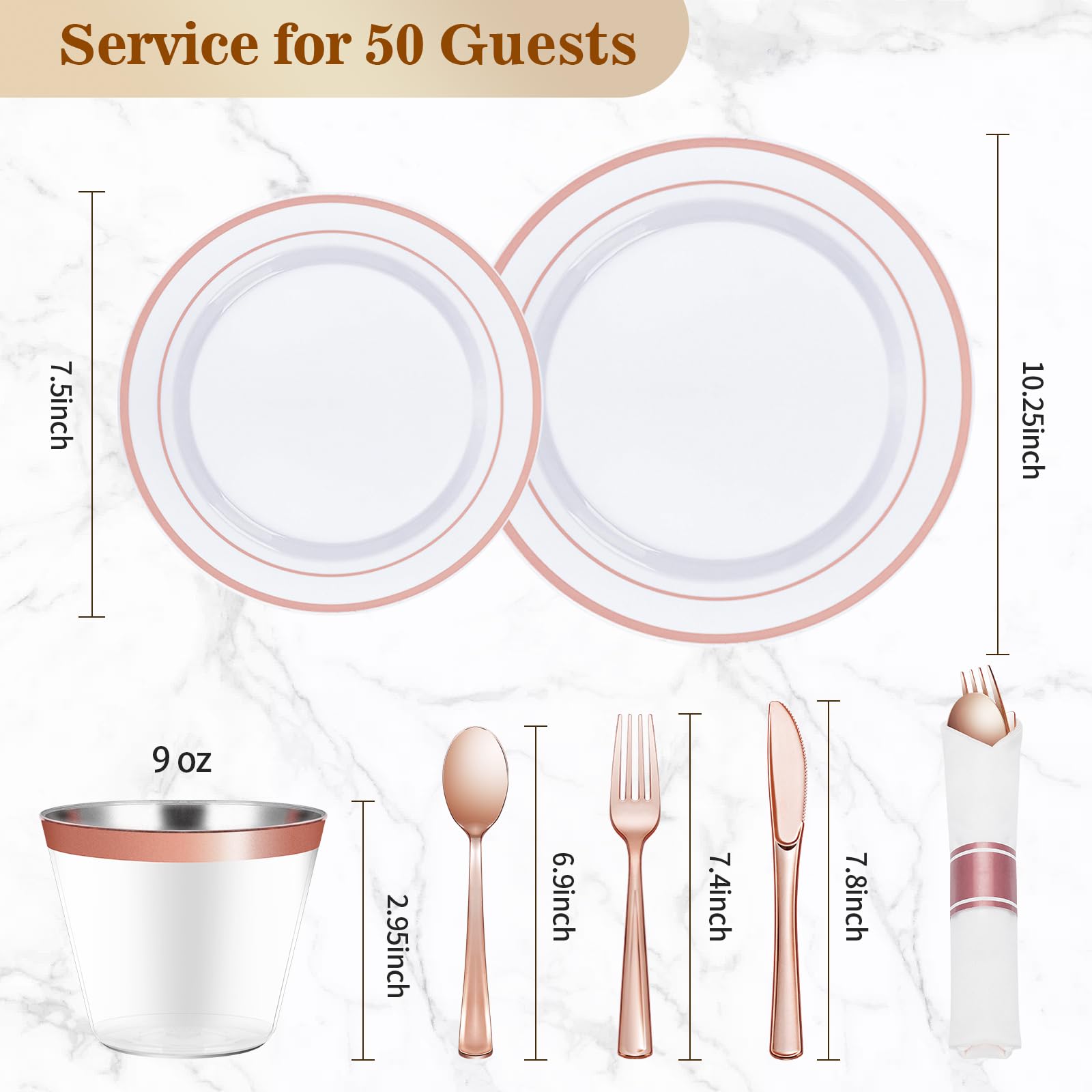 350PCS Gold Plastic Dinnerware Set, Disposable Party Plates for 50 Guests, Include: 100 Plastic Plates, 50 Pre Rolled Napkins with Gold Silverware, 50 Cups