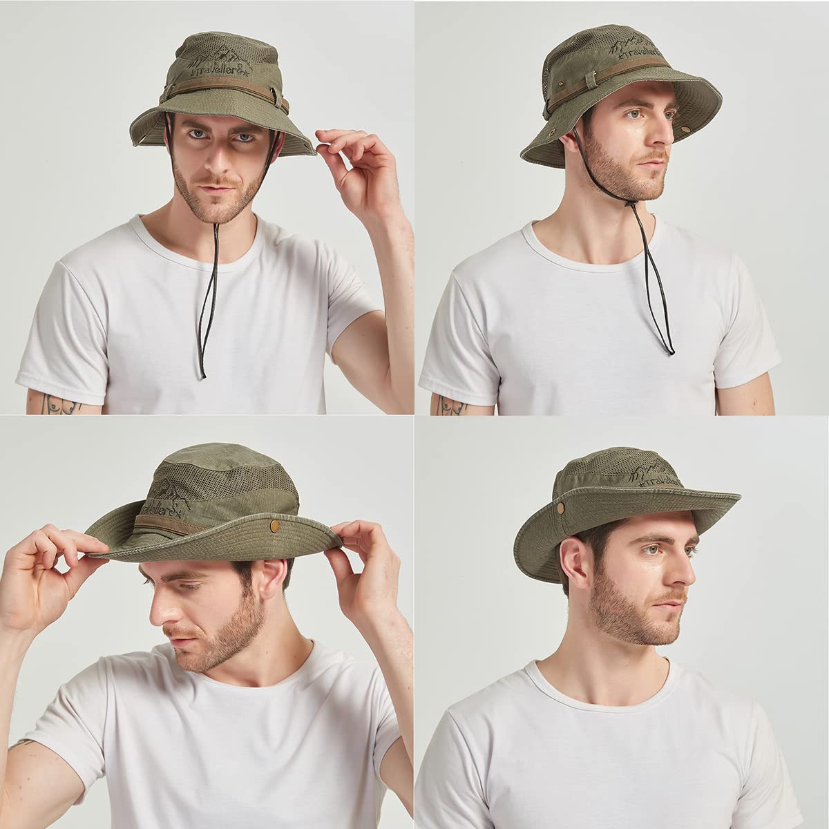 Sun Hat for Men, Cotton Embroidery Summer Outdoor Sun Protection Wide Brim Bucket Hat Foldable Safari Boonie Hat