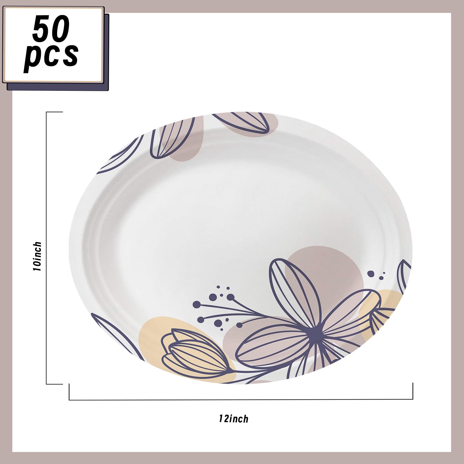 50 Pack Oval Thanksgiving Plates 12 x 10 Inch Thanksgiving Paper Plates Heavy Duty - Large Disposable Dinner Platters,Turkey Pumpkin Autumn Fall Harvest Thanksgiving Party Decor