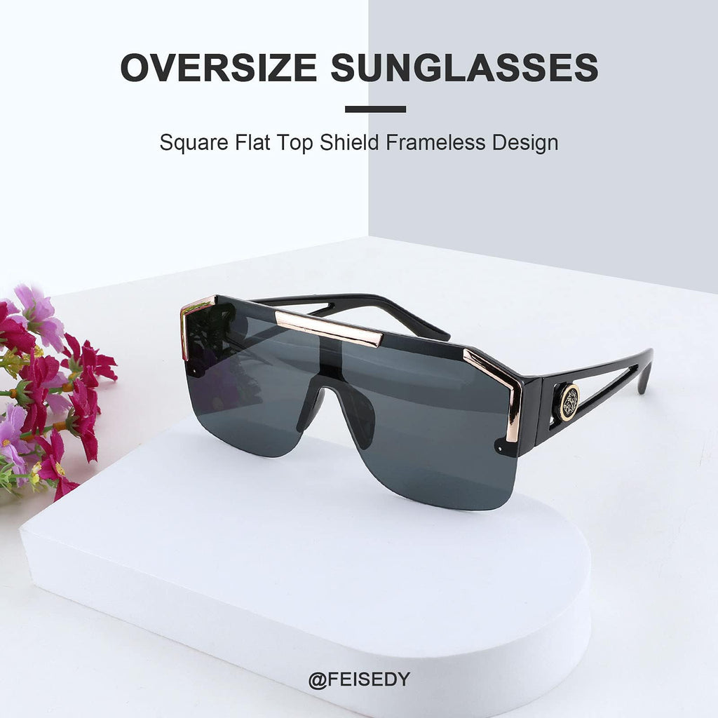 FEISEDY Square Oversized Sunglasses for Men Women, Flat Top Shield One Piece Lens Sun Glasses Shades B2765