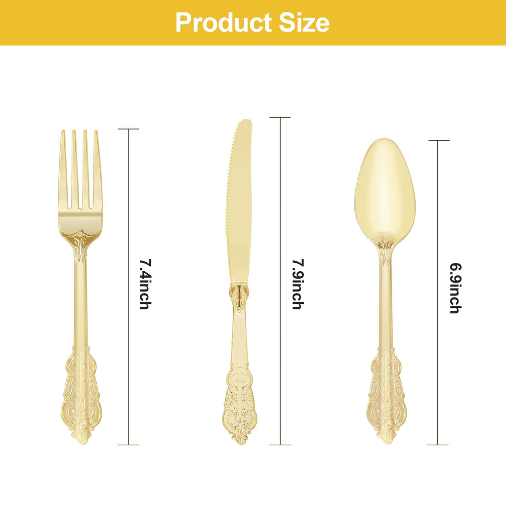 75PCS Gold Plastic Silverware for 25 Guests, Heavy Duty Gold Disposable Utensils Sets, Includes 25 Forks, 25 Spoons, 25 Knives, Elegant Cutlery Perfect for Wedding, Party