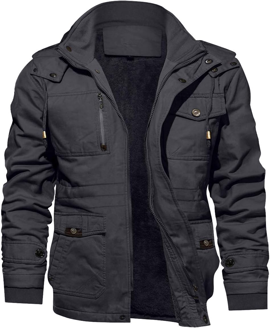 TACVASEN Men's Winter Jacket Cotton Military Jackets Fleece Lined Thick Work Warm Cargo Coats with Hooded