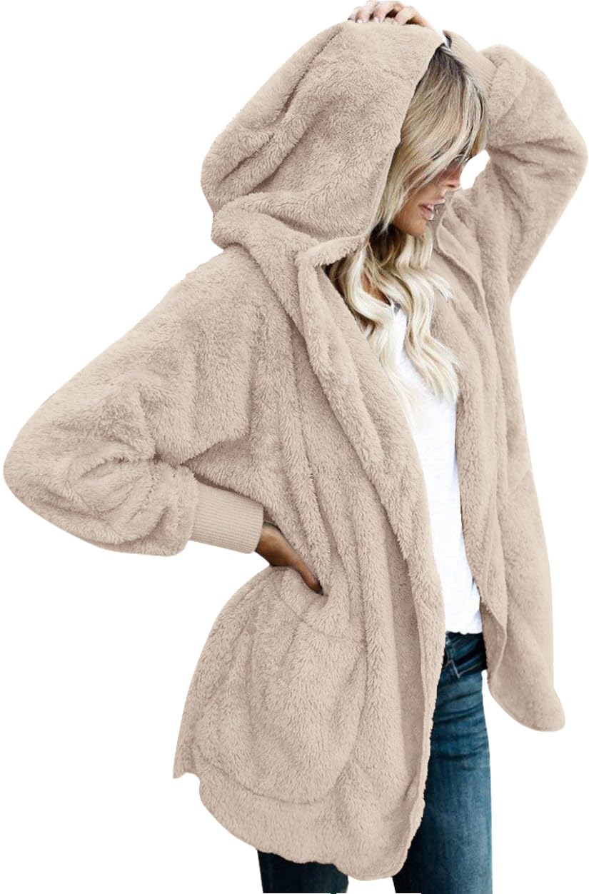 CHICGAL Womens Fuzzy Jacket Hooded Cardigan Open Front Sherpa Coat Outwear with Pockets