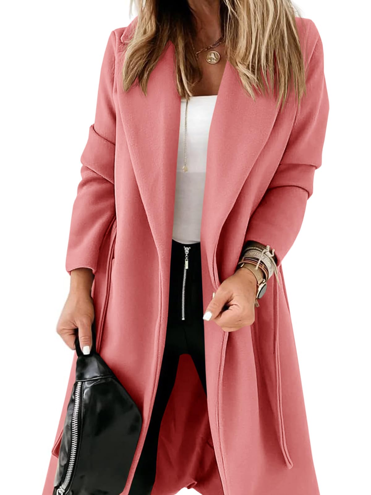 Womens Classic Coat Lapel Collar Open Front Belted Long Jacket