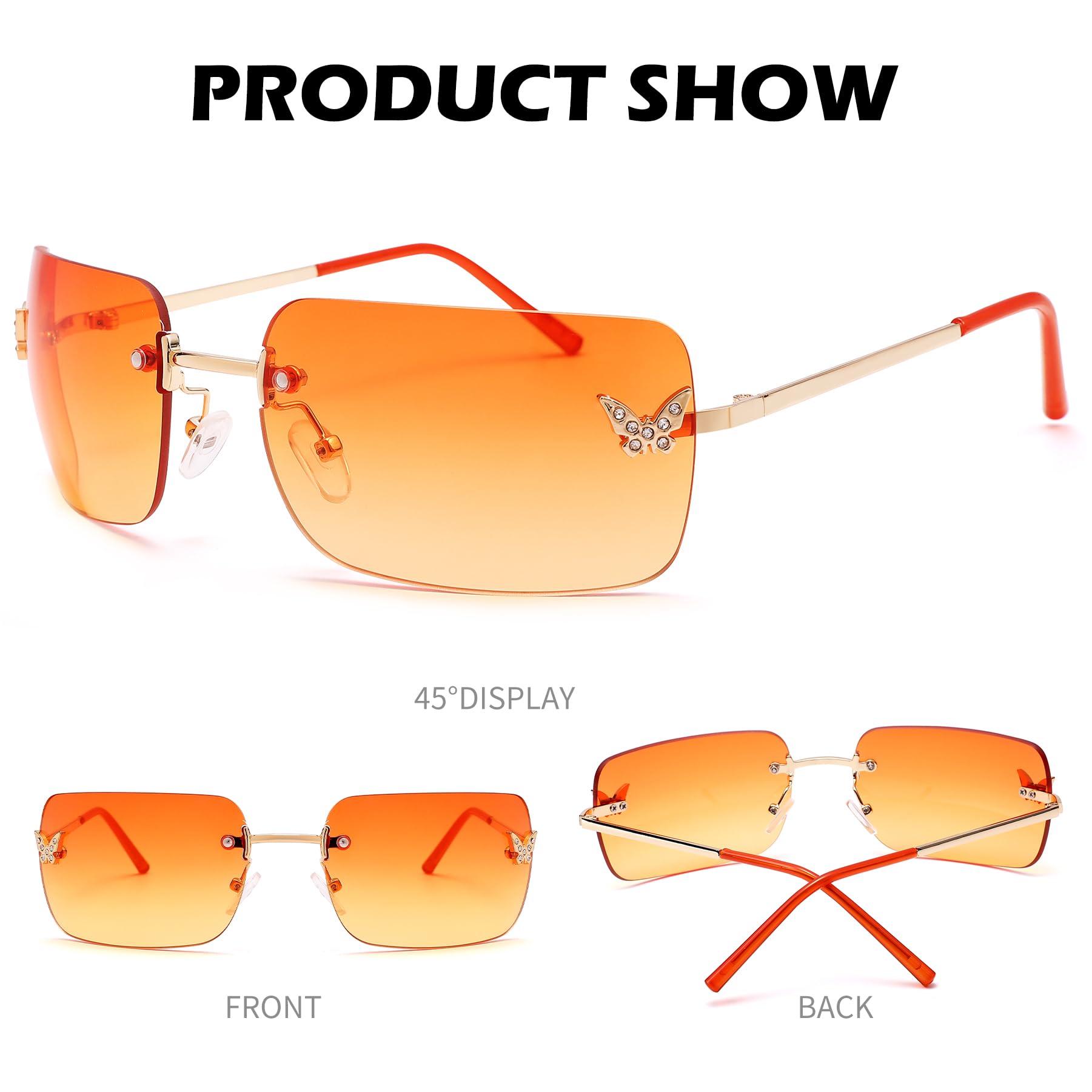 Rectangle Rimless Sunglasses for Women Retro Trendy Square Sun Glasses Vintage Shades