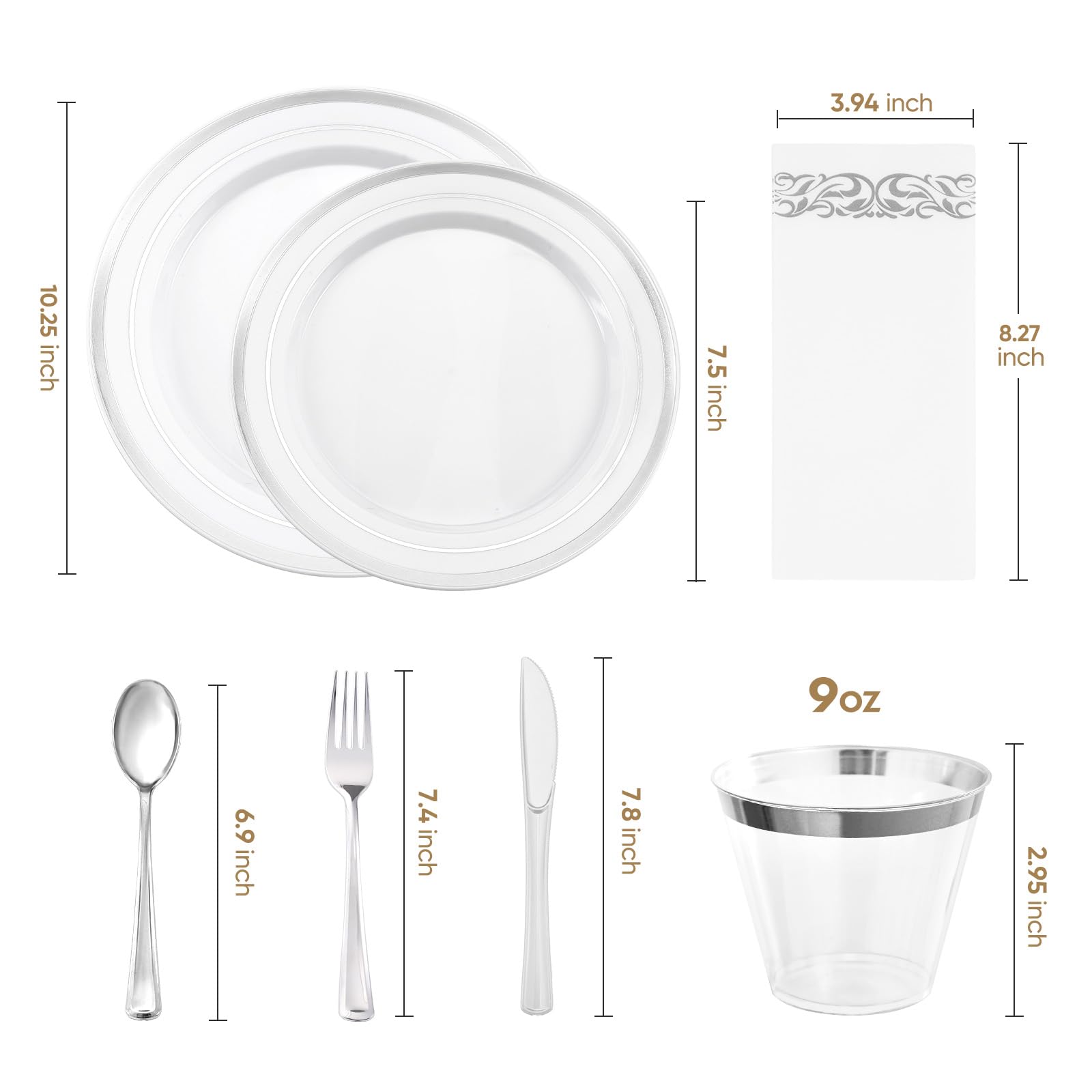 350-Piece Gold Rim Plastic Dinnerware Set for 50 Guests, Elegant Disposable Dinnerware for Party, Wedding. Includes Dinner Plates, Dessert Plates, Gold Silverware, Napkins, Cups