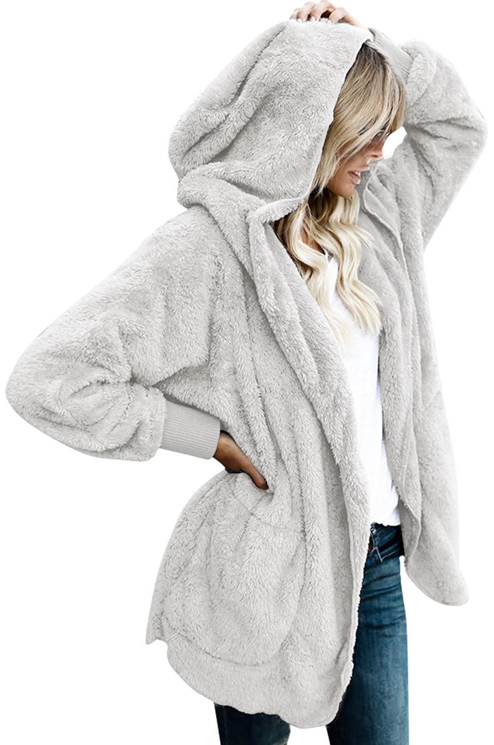 CHICGAL Womens Fuzzy Jacket Hooded Cardigan Open Front Sherpa Coat Outwear with Pockets