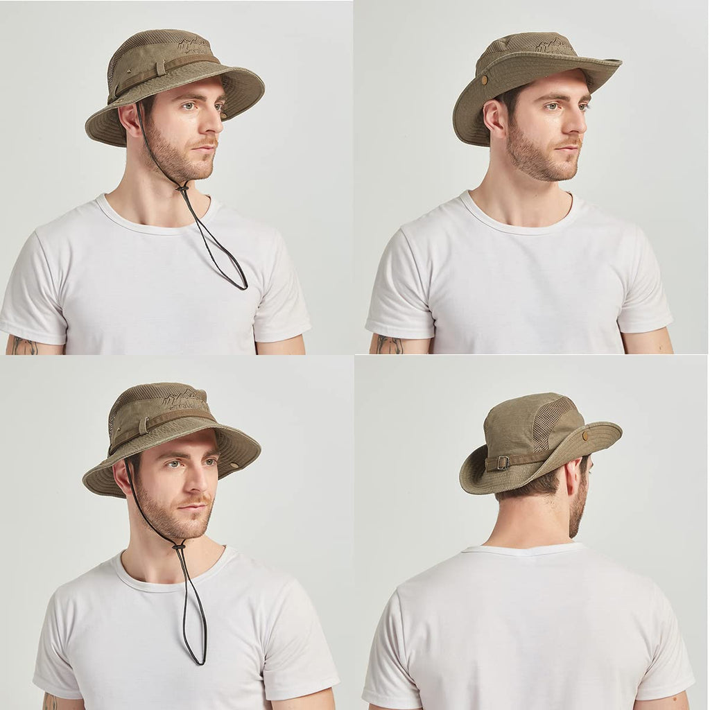 Sun Hat for Men, Cotton Embroidery Summer Outdoor Sun Protection Wide Brim Bucket Hat Foldable Safari Boonie Hat