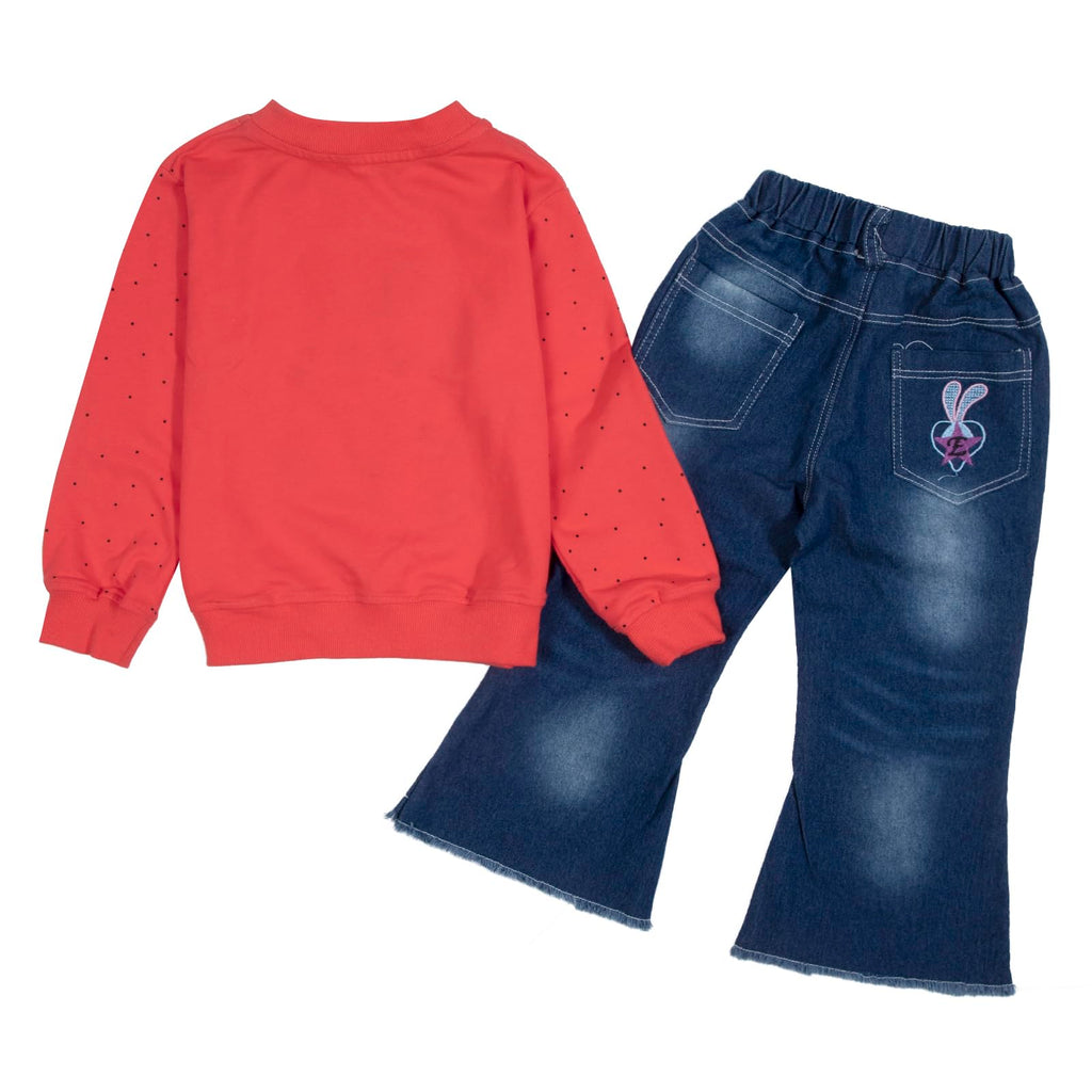 LUKYCILD Toddler Girl Clothes Baby Girl Long Sleeve Top + Jeans Pants with Pockets 2 Piece Outfit Cartoon Clothing Set