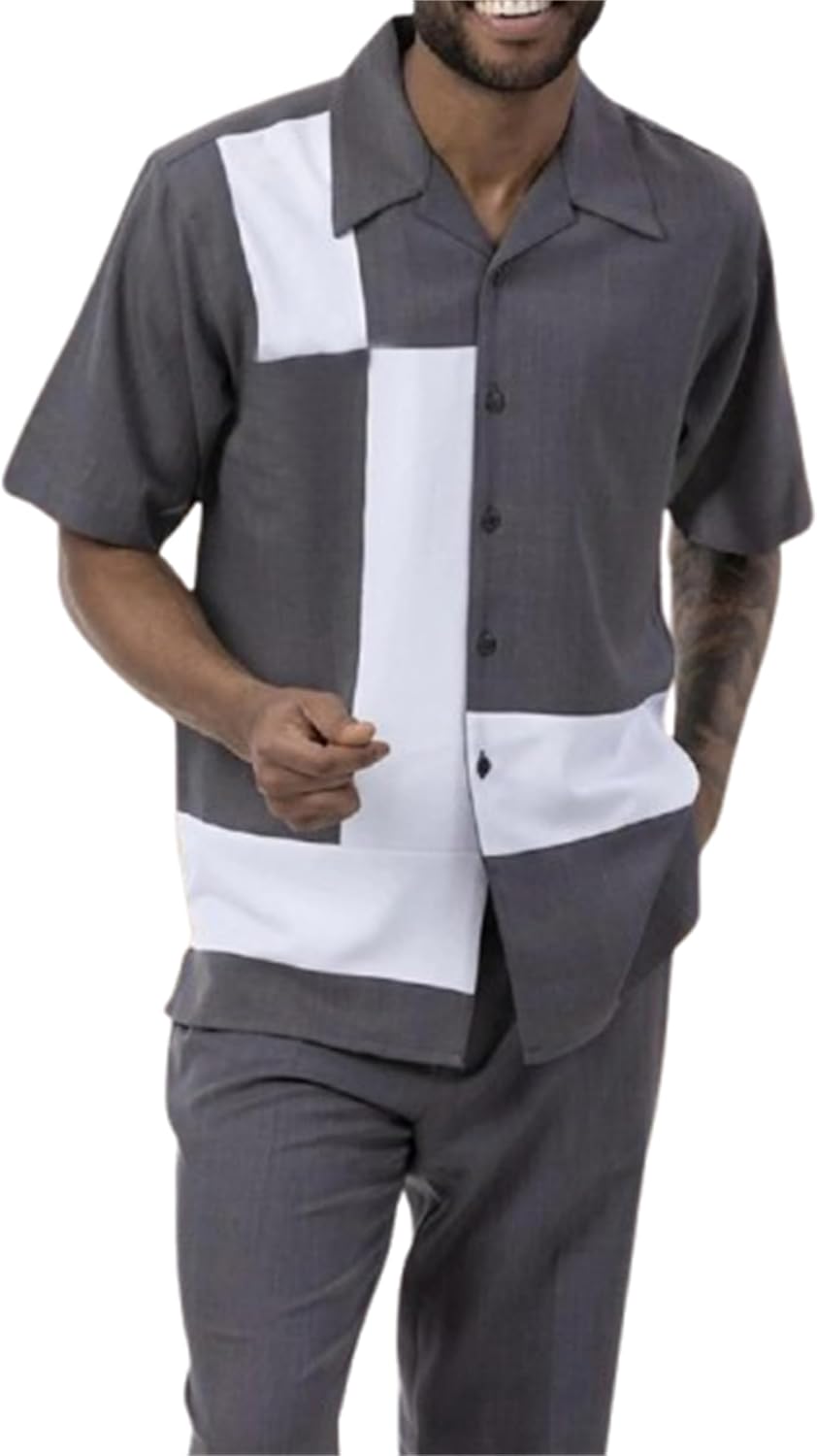 TIFIYA Men's Short Sleeve 2 Piece Leisure Suits,Shirts and Pants Set,Fashion Gentleman Attire Outfits S-5XL