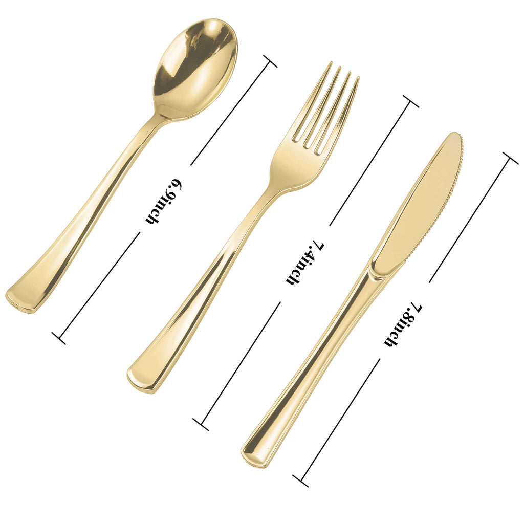 N9R 300PCS Gold Plastic Silverware, Heavy Duty Gold Plastic Cutlery Set Disposable Flatware Dinnerware, 100 Forks, 100 Spoons, 100 Knives, Perfect for Party, Wedding and Daily Use