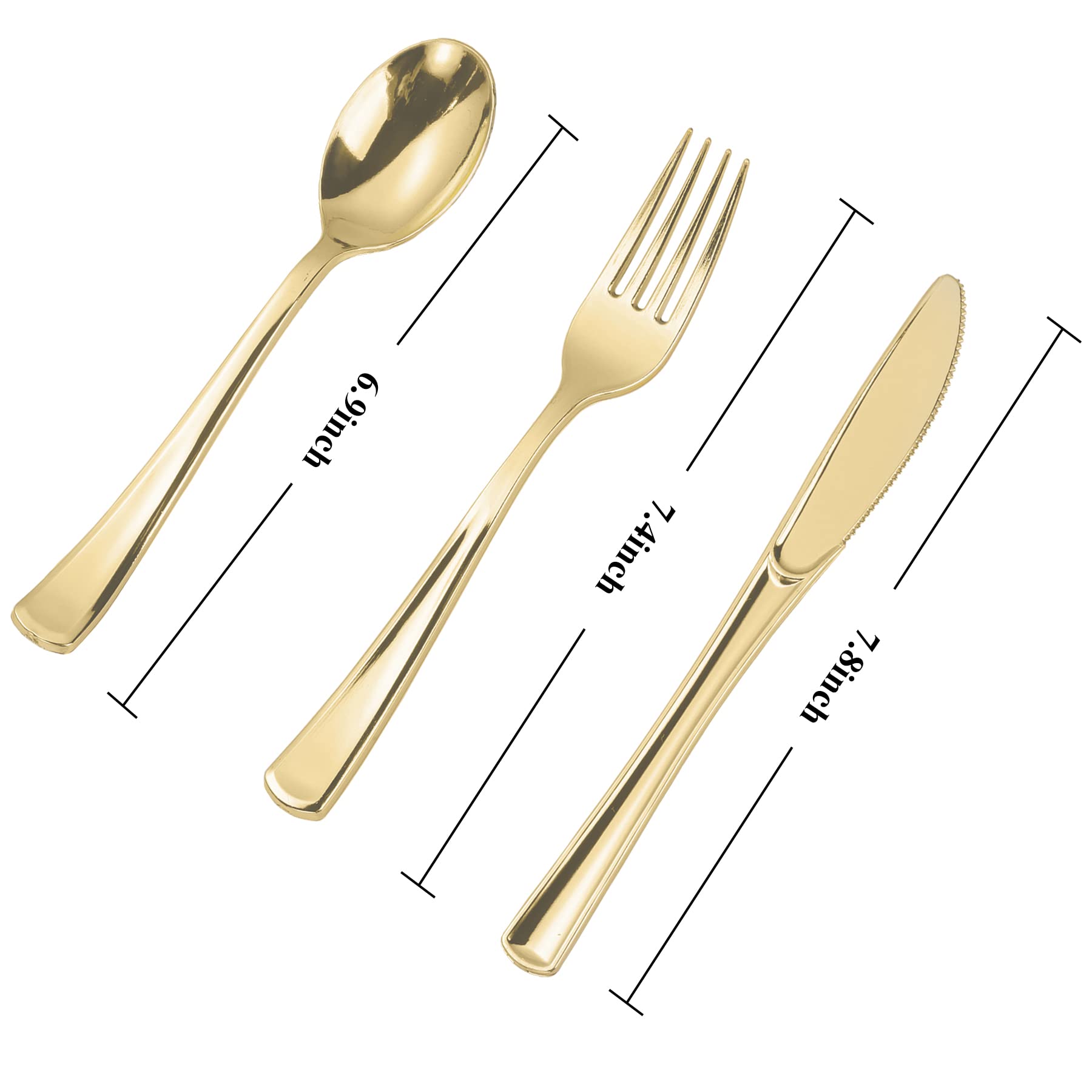 N9R 300PCS Gold Plastic Silverware, Heavy Duty Gold Plastic Cutlery Set Disposable Flatware Dinnerware, 100 Forks, 100 Spoons, 100 Knives, Perfect for Party, Wedding and Daily Use