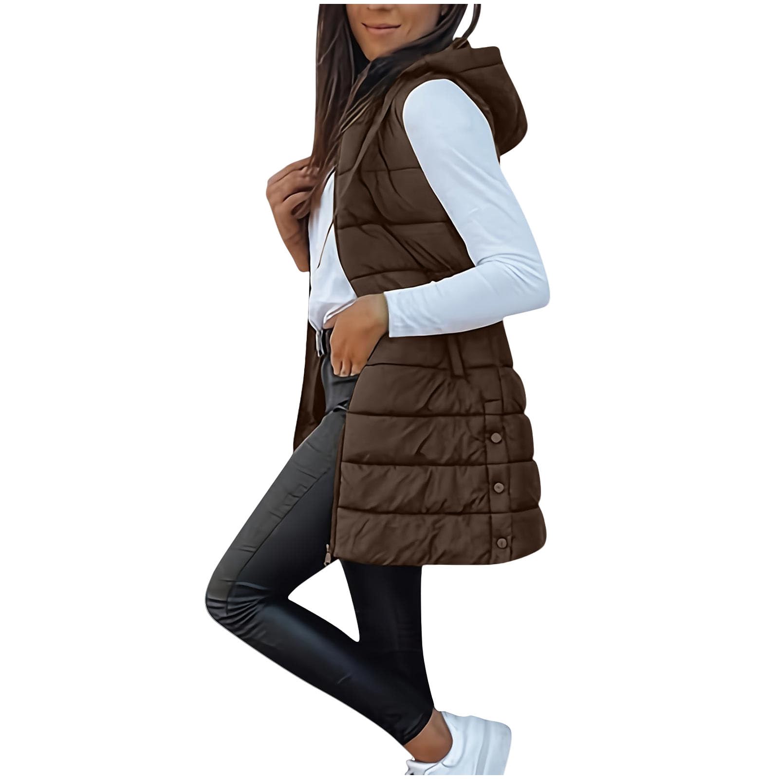 Long Puffer Vest Women Sleeveless Full Zip Up Puffy Jackets Quilted Padded Fall Coats Winter Outerwear