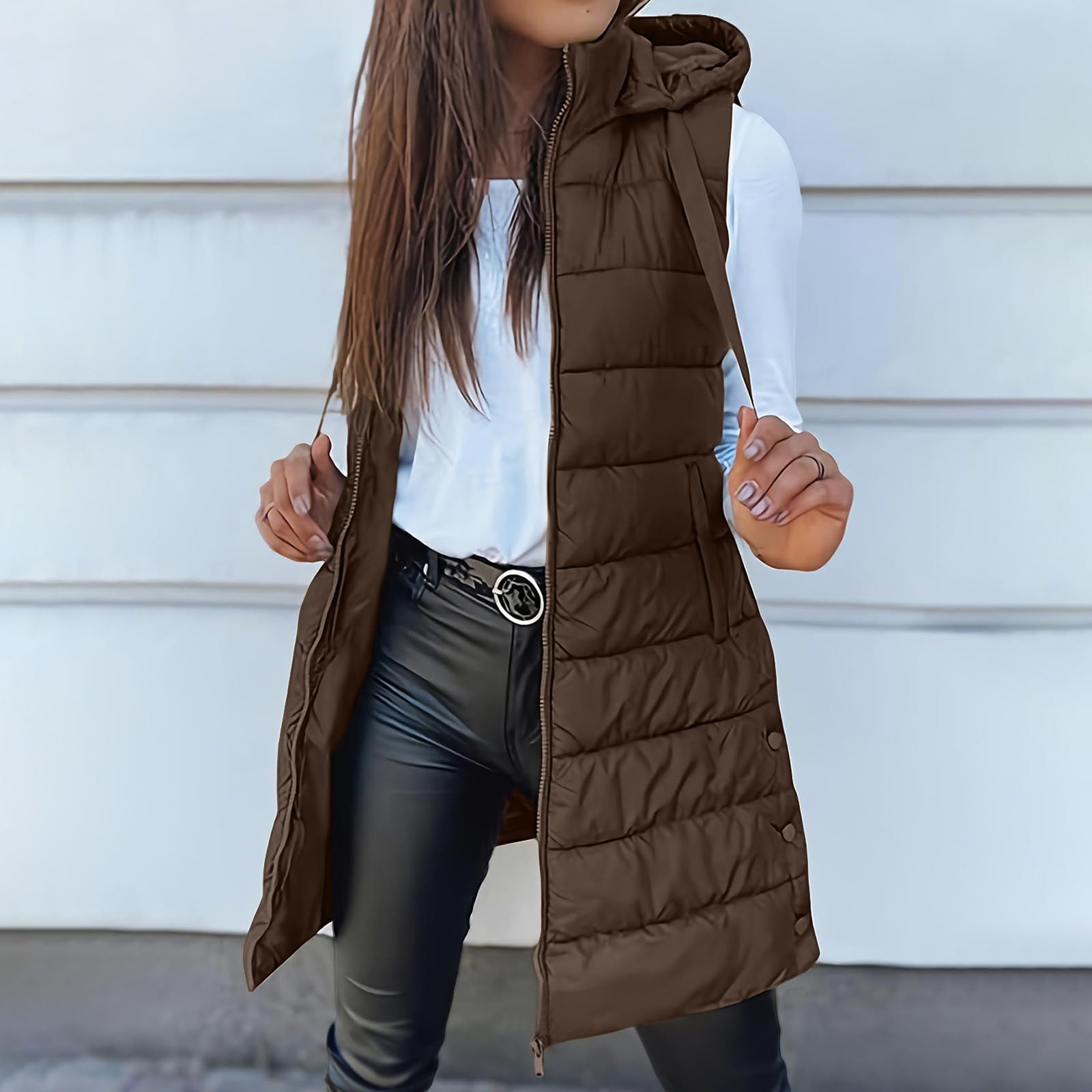 Long Puffer Vest Women Sleeveless Full Zip Up Puffy Jackets Quilted Padded Fall Coats Winter Outerwear