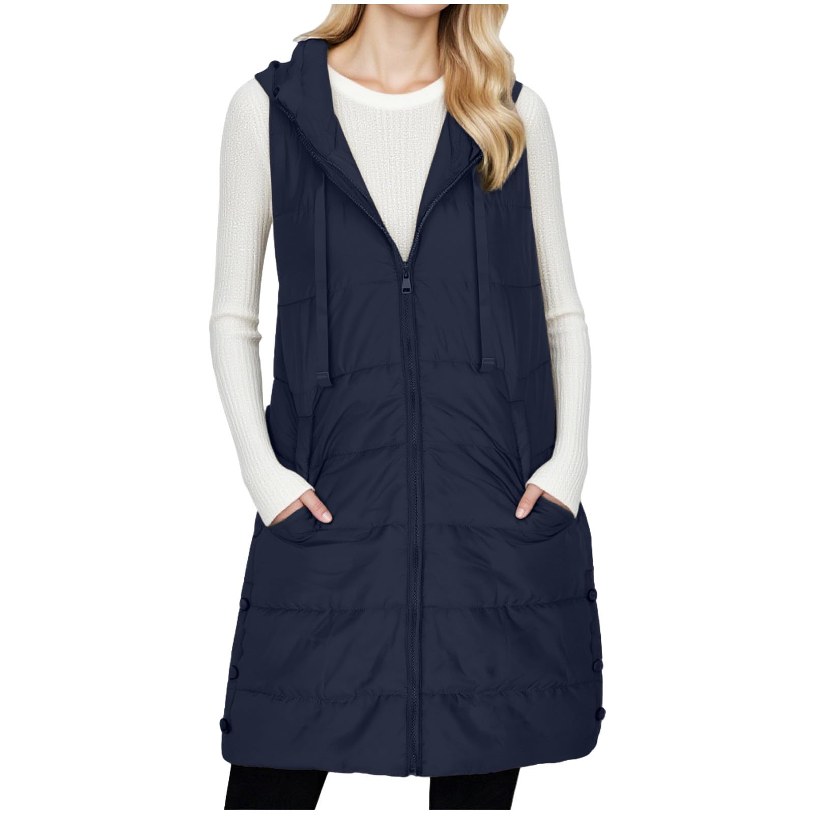 Long Puffer Vest Women Sleeveless Full Zip Up Puffy Jackets Quilted Padded Fall Coats Winter Outerwear