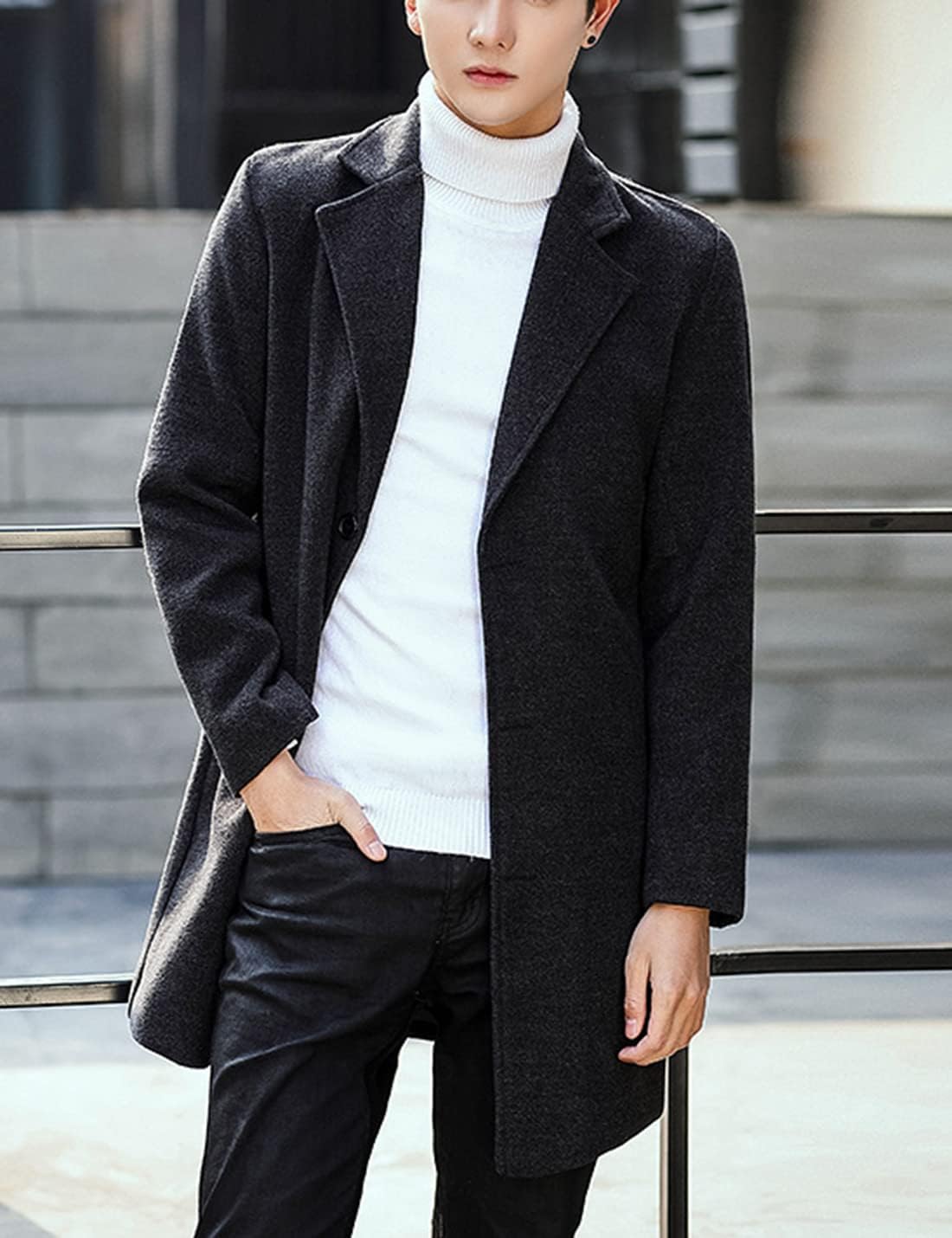 Springrain Men's Wool Blend Pea Coat Notched Collar Single Breasted Overcoat Warm Winter Trench Coat