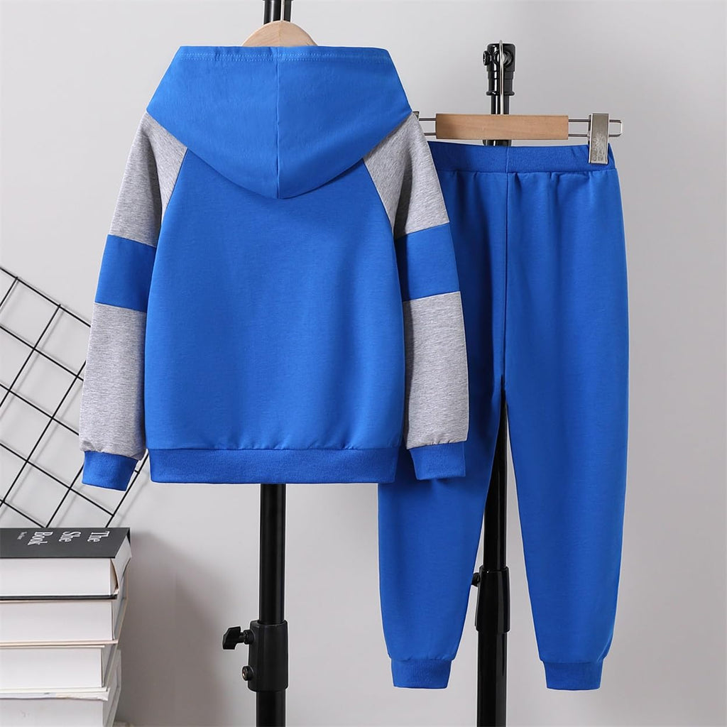 5-11Y Boys Clothes Long Sleeve Hooded Pullover Colorblock Sweatshirt + Pants 2pcs Fall Winter Outfit Set