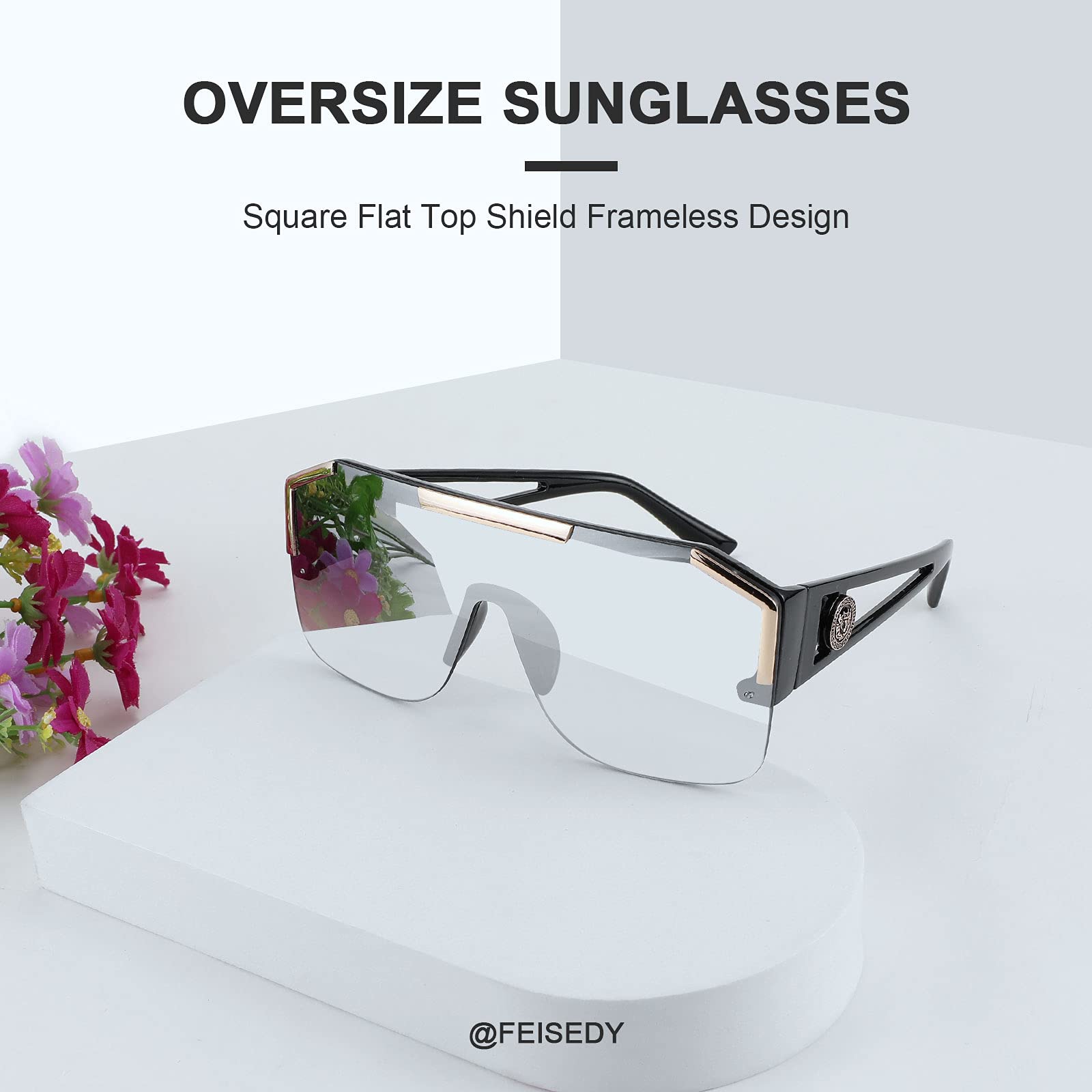 FEISEDY Square Oversized Sunglasses for Men Women, Flat Top Shield One Piece Lens Sun Glasses Shades B2765