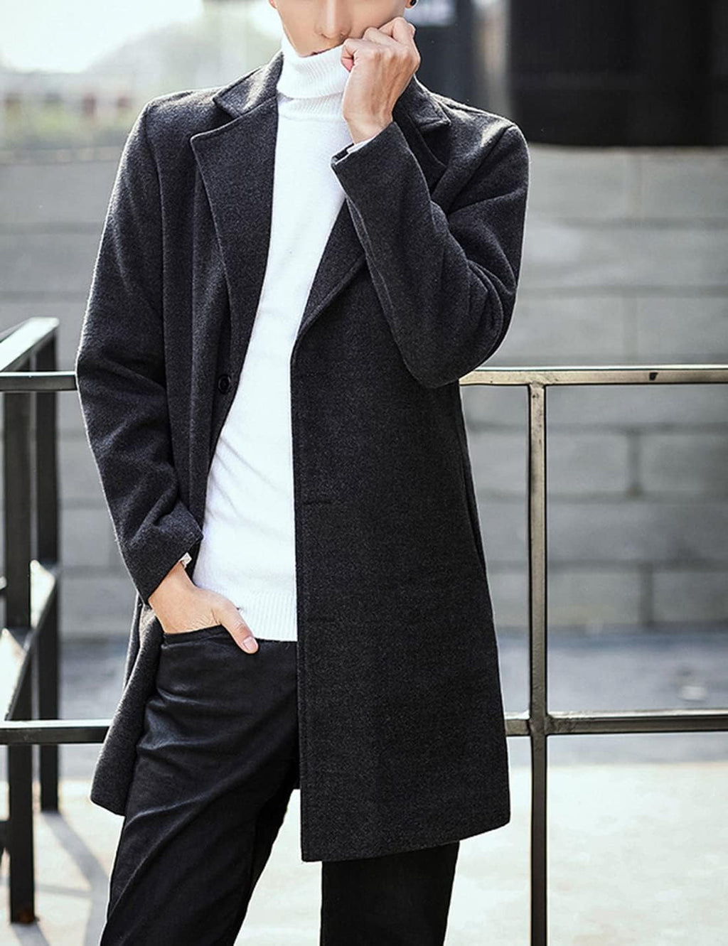 Springrain Men's Wool Blend Pea Coat Notched Collar Single Breasted Overcoat Warm Winter Trench Coat