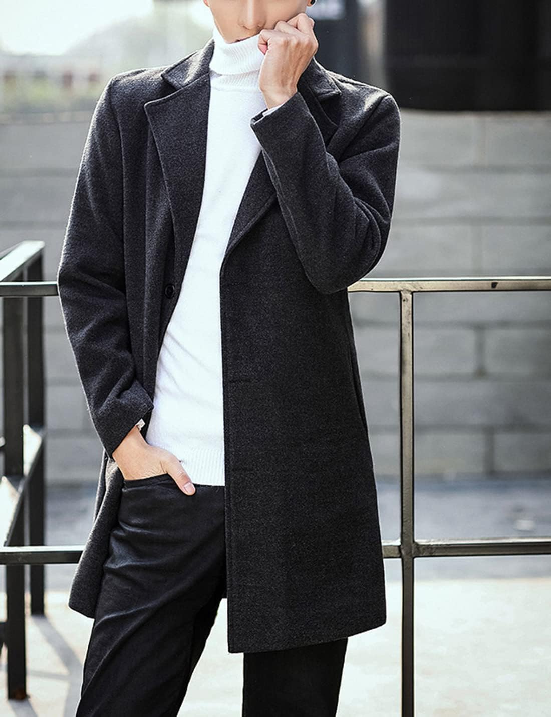 Springrain Men's Wool Blend Pea Coat Notched Collar Single Breasted Overcoat Warm Winter Trench Coat