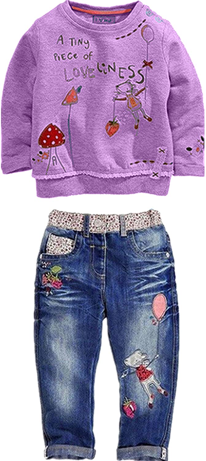 LUKYCILD Toddler Girl Clothes Baby Girl Long Sleeve Top + Jeans Pants with Pockets 2 Piece Outfit Cartoon Clothing Set