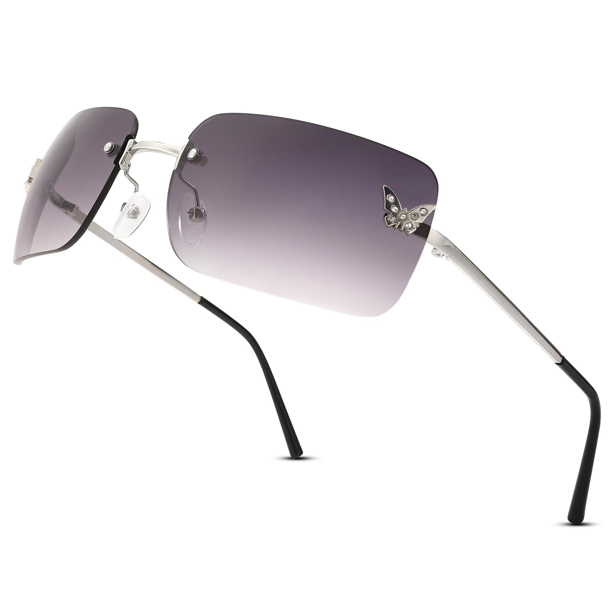 Rectangle Rimless Sunglasses for Women Retro Trendy Square Sun Glasses Vintage Shades