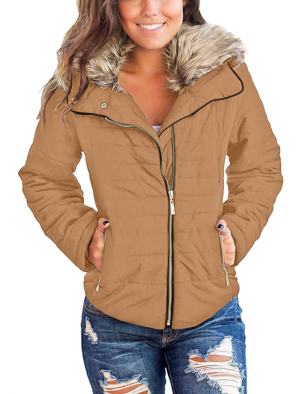 Vetinee Women Casual Faux Fur Lapel Zip Pockets Quilted Parka Jacket Puffer Coat