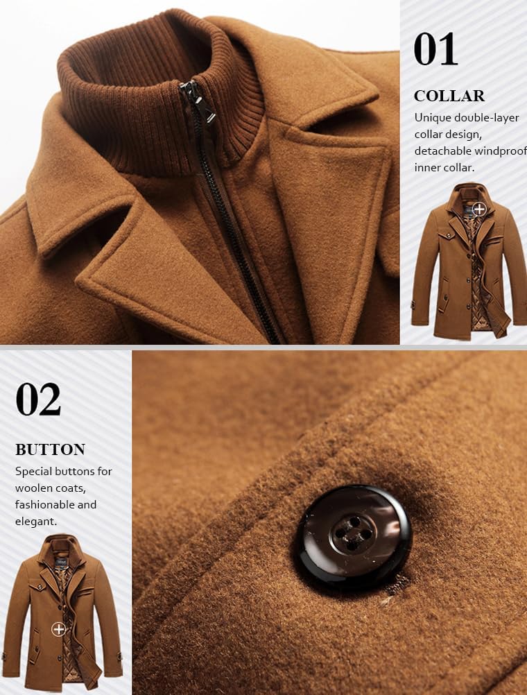Lavnis Men's Winter Wool Coats Slim Fit Single Breasted Trench Jacket Woolen Pea Coat