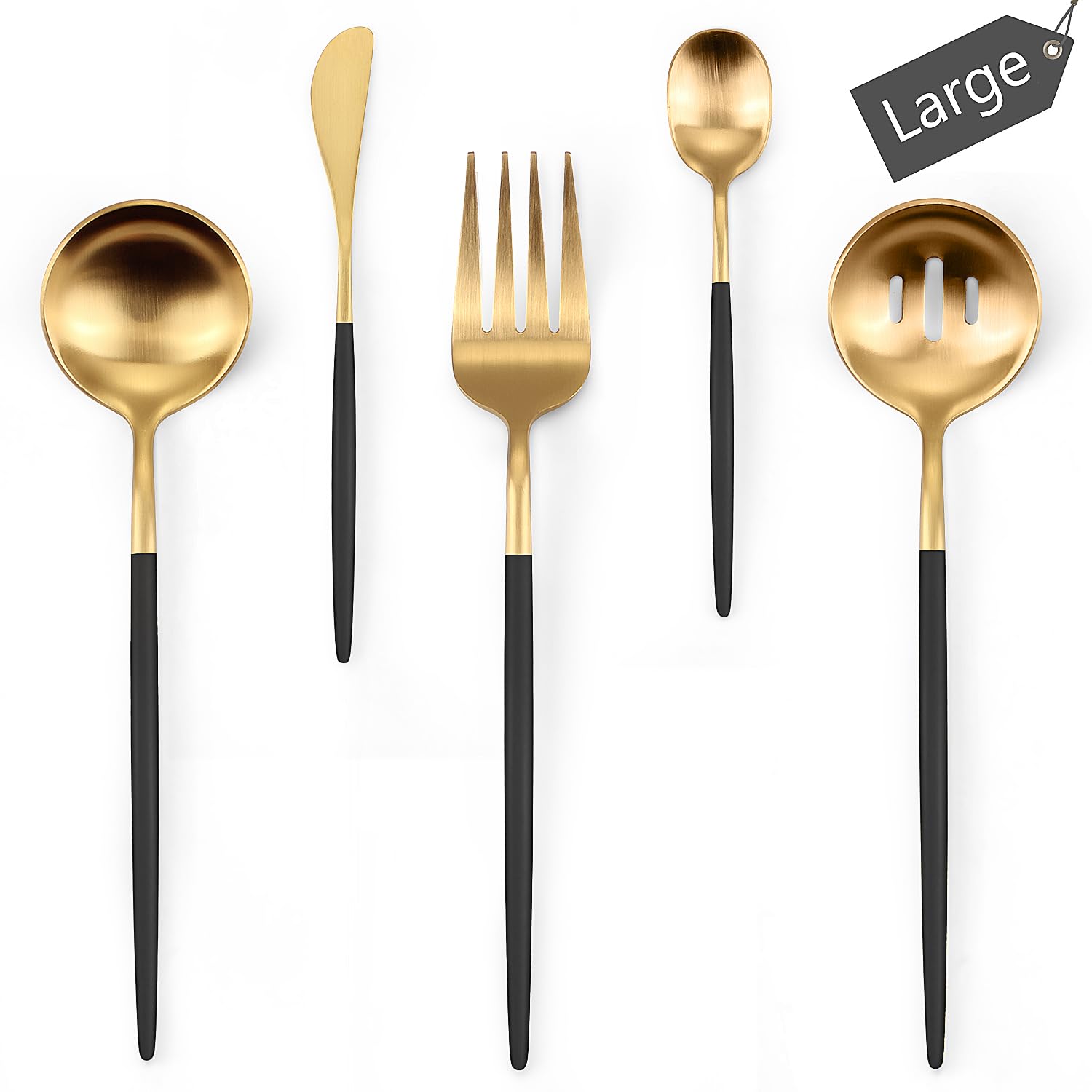 Gold Stainless Steel Serving Utensils Set, 5 Pcs - 10.8 Inch Serving Fork, 10.3 Inch Slotted Spoon, Sugar Spoon, Butter Knife for Buffet