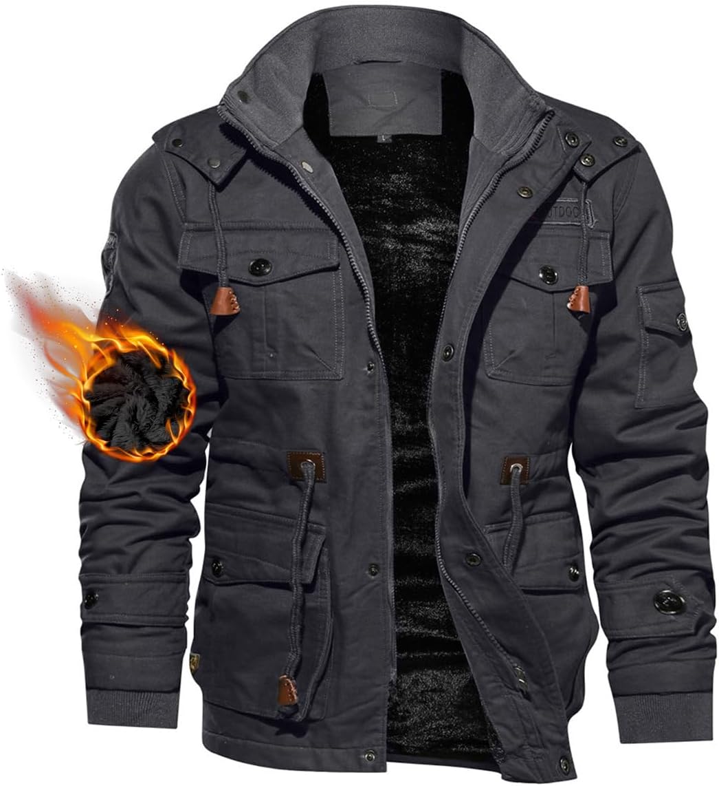 TACVASEN Men's Winter Jacket Cotton Military Jackets Fleece Lined Thick Work Warm Cargo Coats with Hooded
