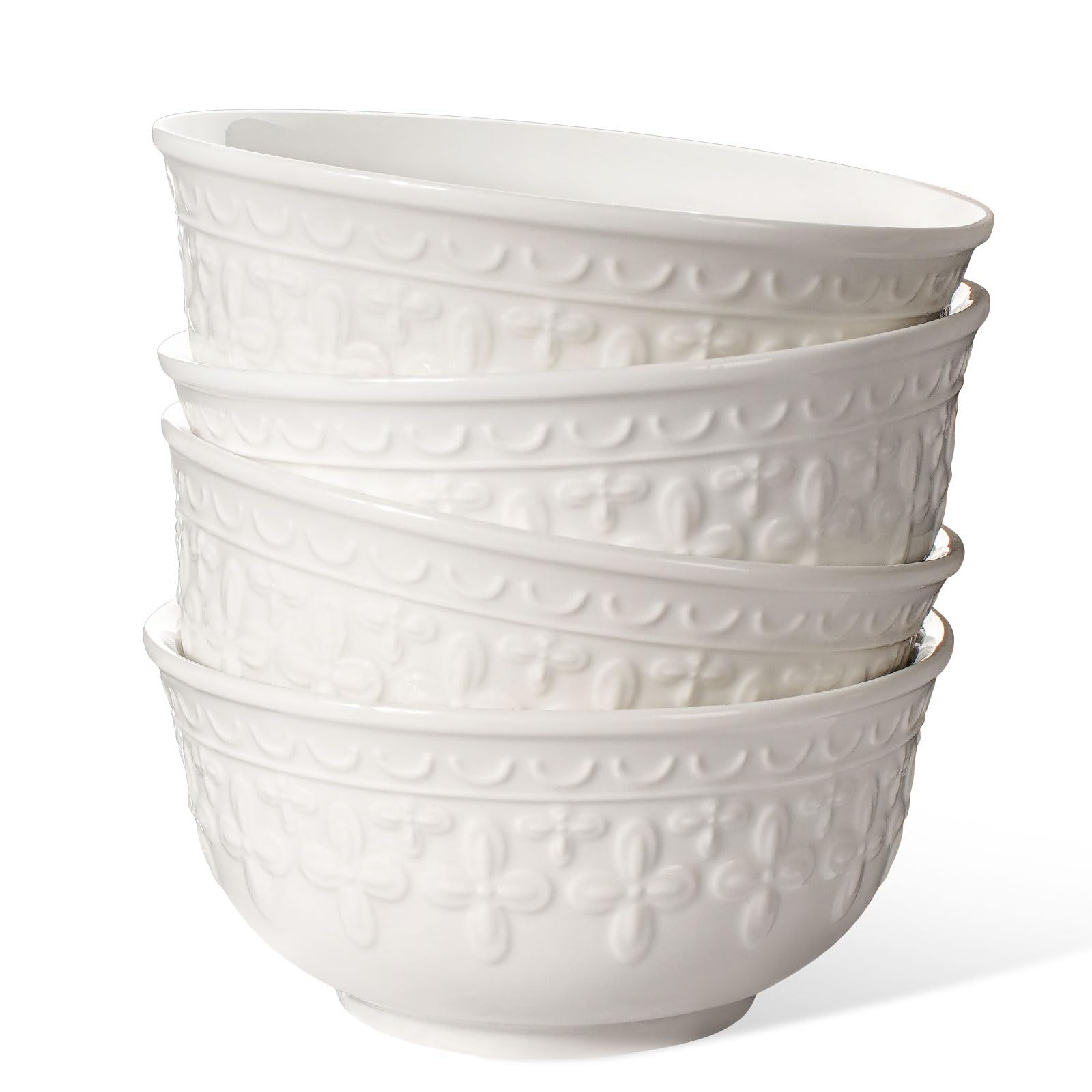 Large Salad Bowls Set of 4, 60oz White Serving Bowls Deep Deep Embossed Ceramic Mixing Bowl for Soup Kitchen, Eating, Ramen, Pasta, Dishwasher & Microwave Safe 8 inch (Multiple Patterns)