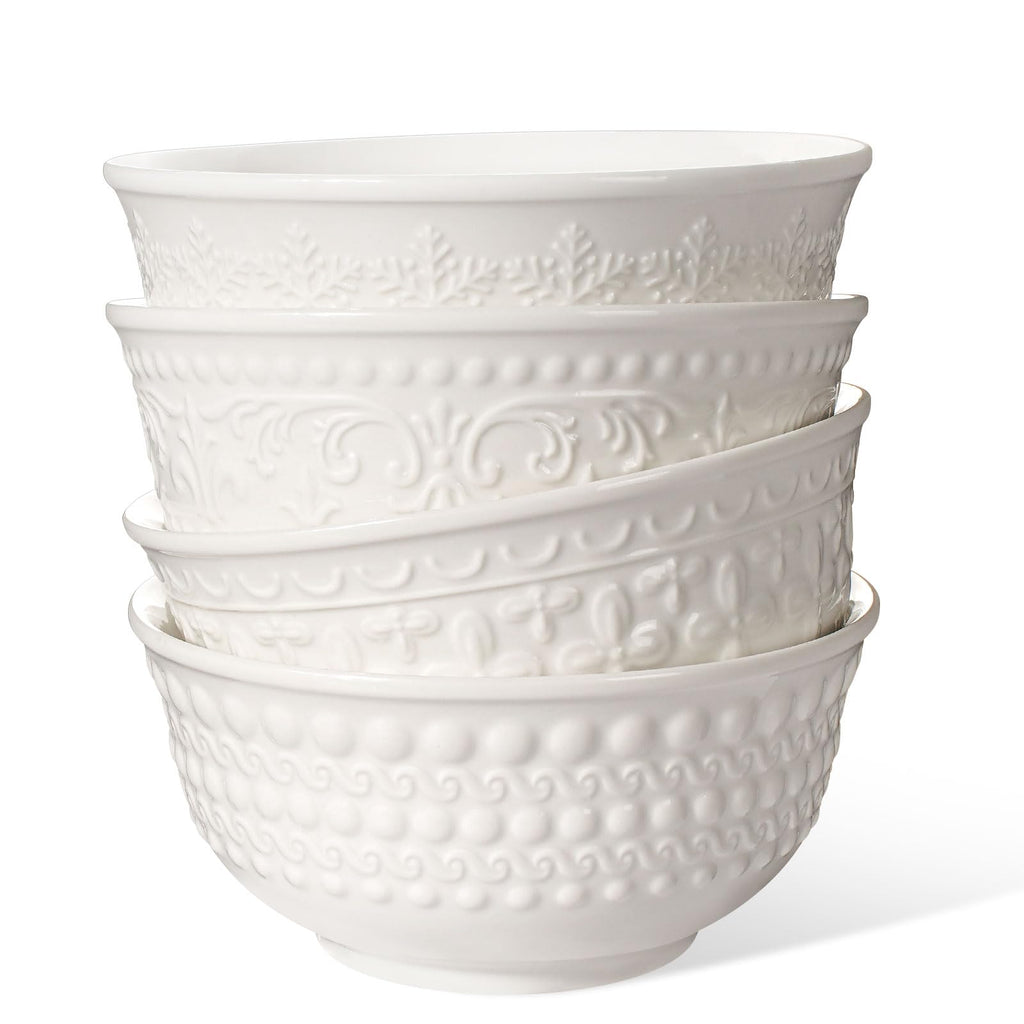 Large Salad Bowls Set of 4, 60oz White Serving Bowls Deep Deep Embossed Ceramic Mixing Bowl for Soup Kitchen, Eating, Ramen, Pasta, Dishwasher & Microwave Safe 8 inch (Multiple Patterns)
