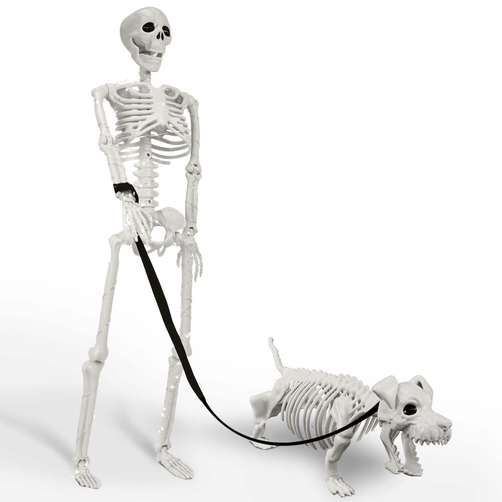 Lighted Human & Dog Skeleton Halloween Decorations Outdoor/Indoor - 36 Inch Realistic Full Body Movable Posable Skeleton Spooky Halloween Decor for Garden Yard Porch Indoor Party Haunted Graveyard