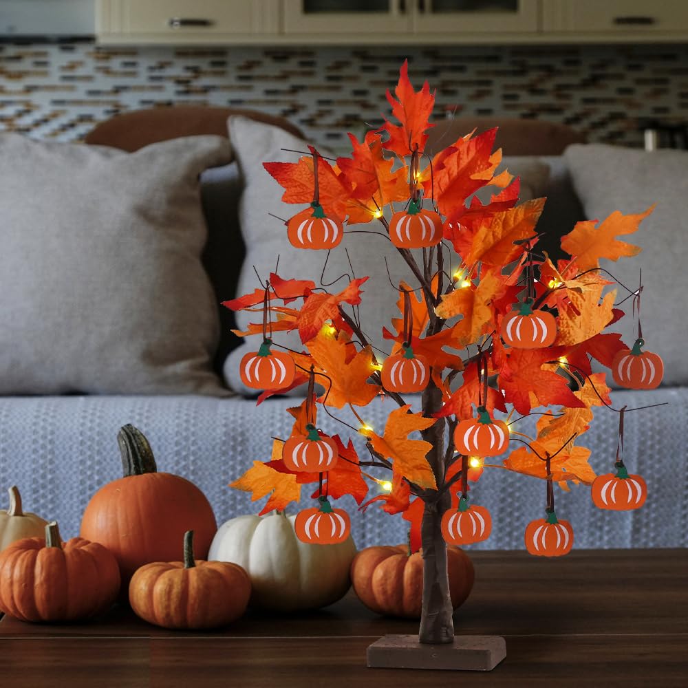 hogardeck Fall Decorations for Home, Thanksgiving Decorations, 24”2FT Lighted Maple Leaves Tree with 24 LEDs & 12 Wood Pumpkin Ornaments, Battery Powered Timer Artificial Trees for Autumn Table Decor