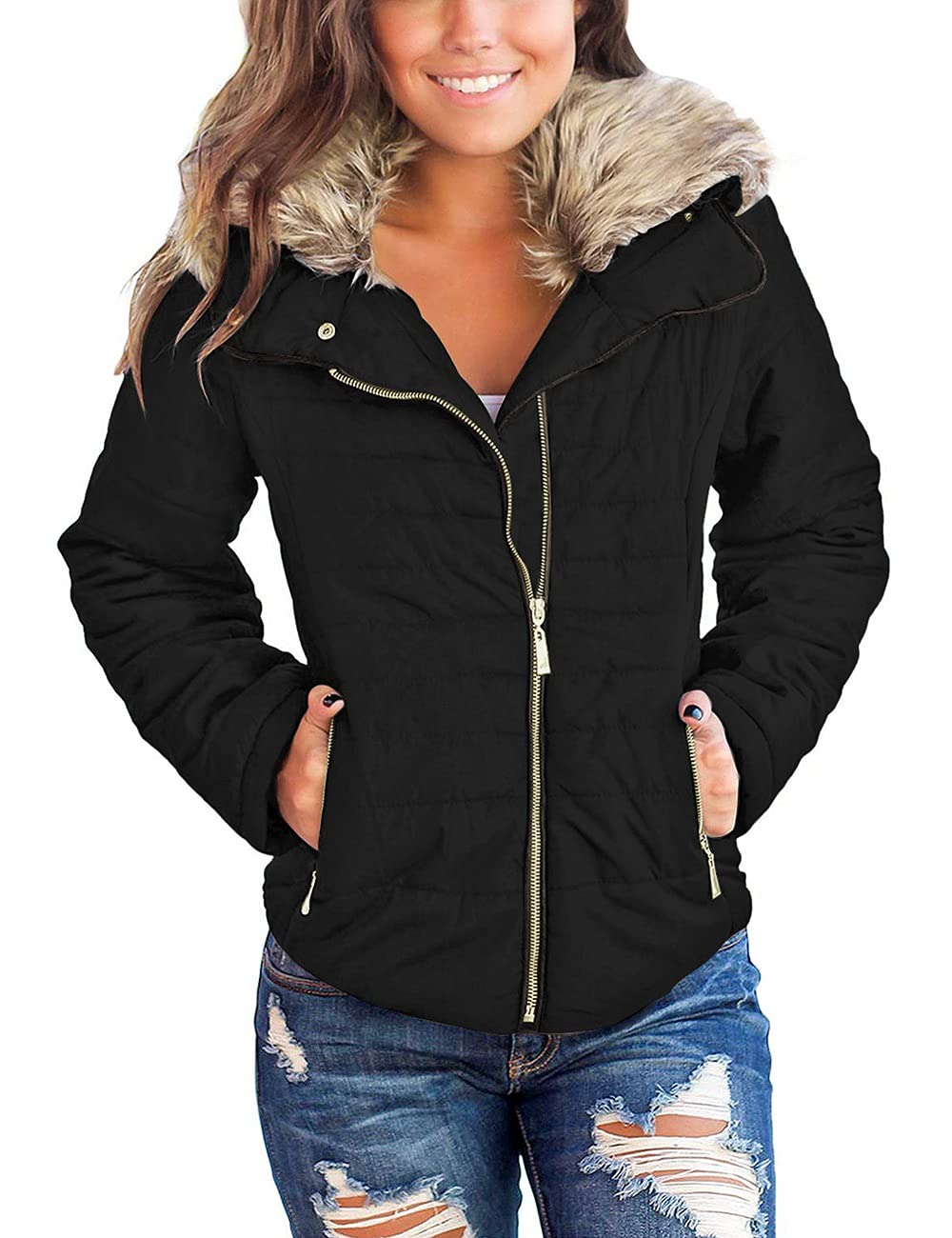 Vetinee Women Casual Faux Fur Lapel Zip Pockets Quilted Parka Jacket Puffer Coat