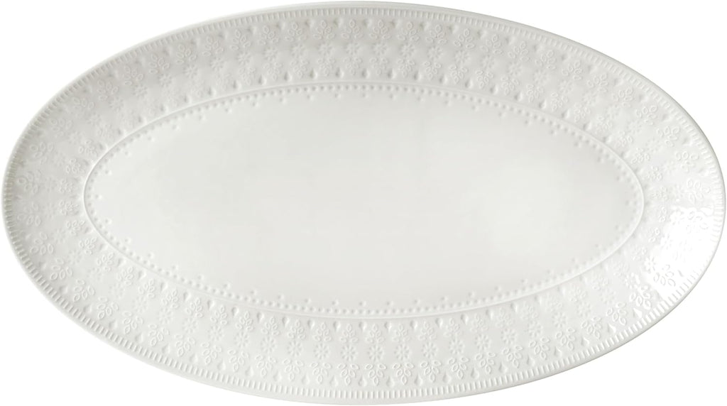 Euro Ceramica Fez Oval Stoneware Serving Platter in White, Large Serveware, Teardrop Mandala Pattern