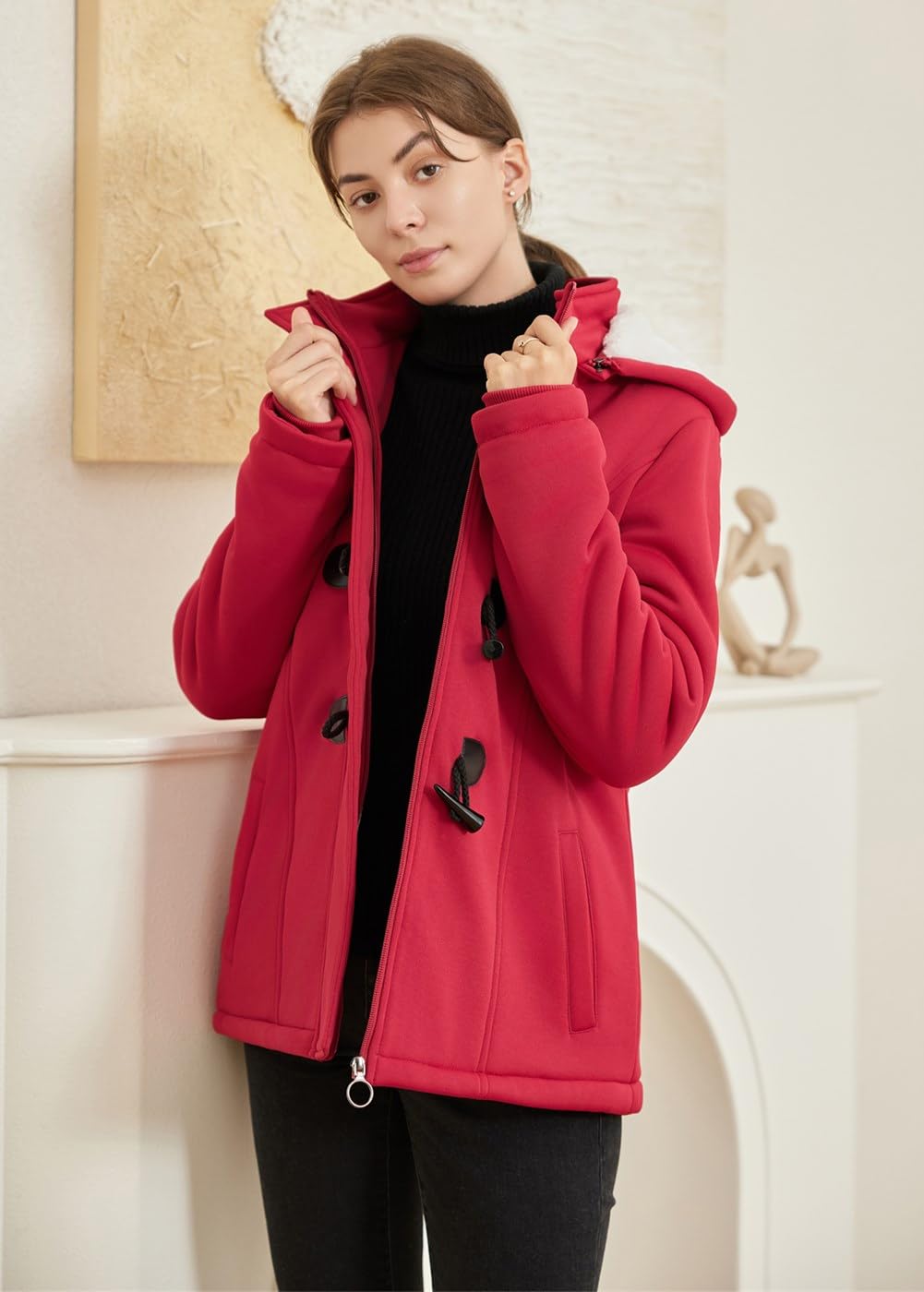 JiangWu Womens Fashion Horn Button Fleece Thicken Coat with Hood Winter Warm Jacket