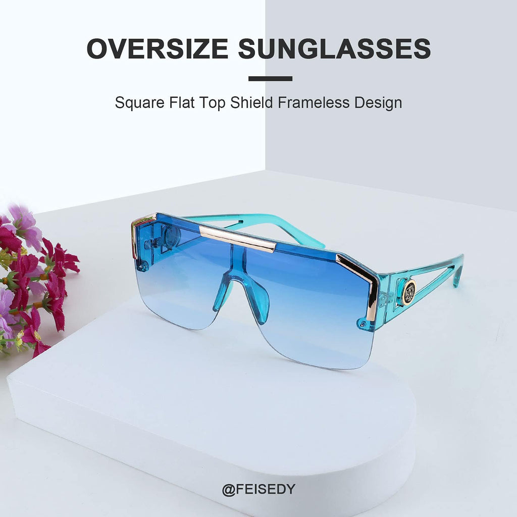 FEISEDY Square Oversized Sunglasses for Men Women, Flat Top Shield One Piece Lens Sun Glasses Shades B2765