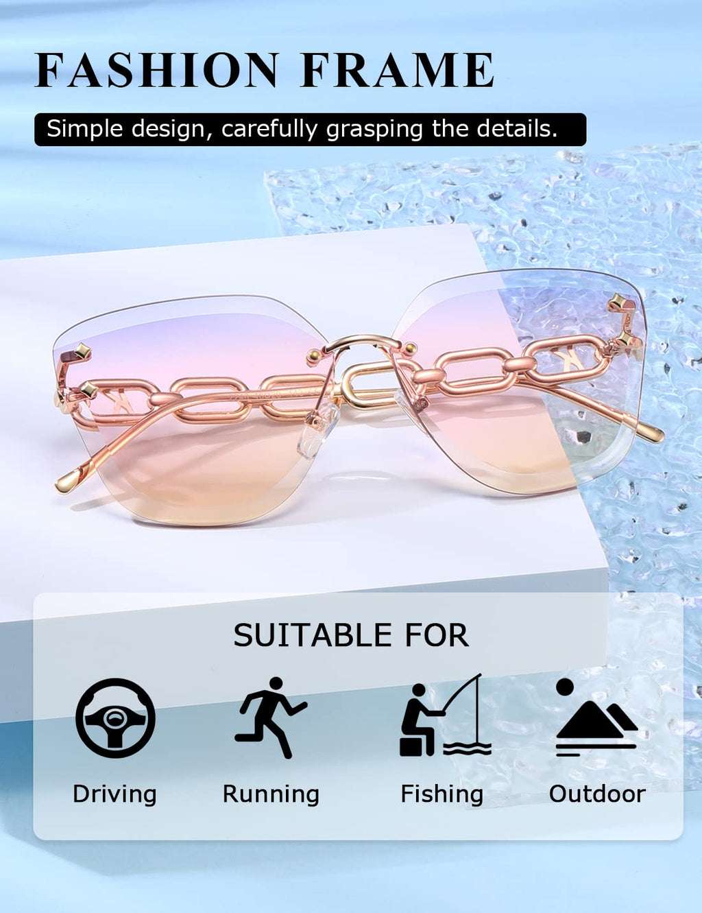 AEVOGUE Sunglasses For Women Oversized Rimless Diamond Cutting Lens Sun Glasses AE0534
