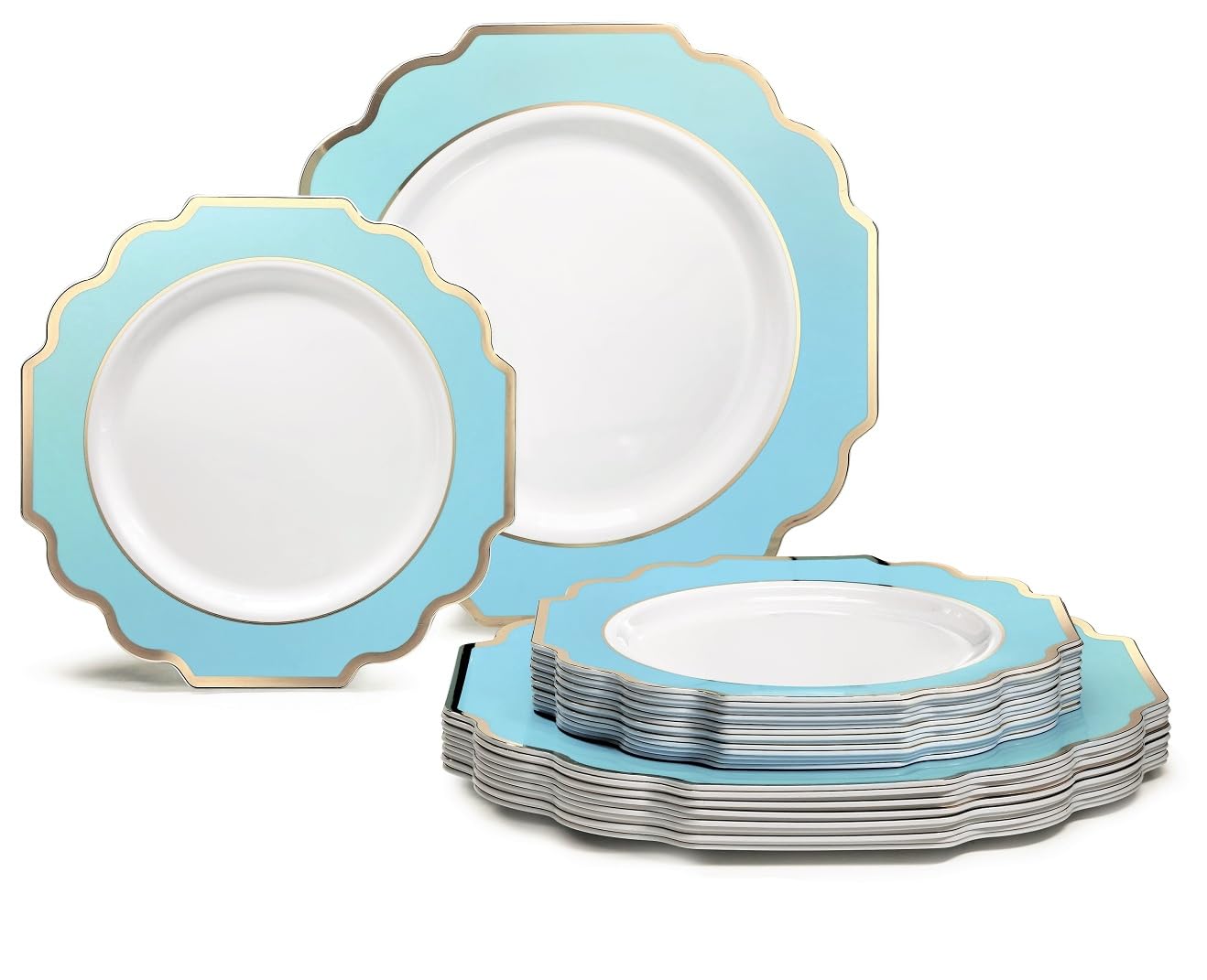 " OCCASIONS " 50 Plates Pack (25 Guests)-Heavyweight Wedding Party Disposable Plastic Plate Set -(25x10.5'' Dinner + 25x8'' Salad/Dessert) (Imperial White & Gold)