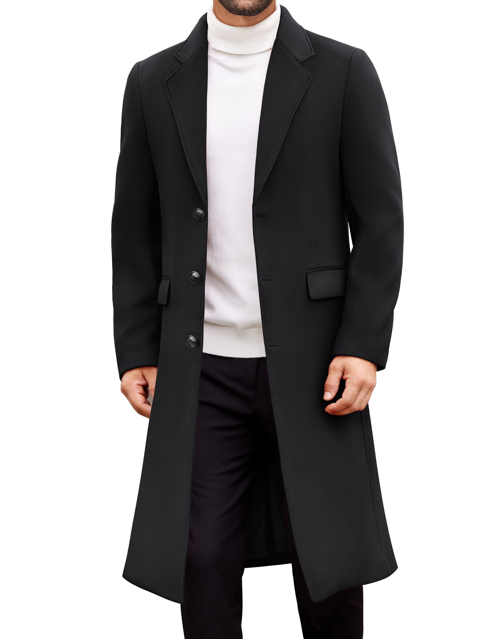 COOFANDY Mens Trench Coat Long Casual Single Brested Overcoat Winter Notched Collar Wool Blend Pea coat With Pockets