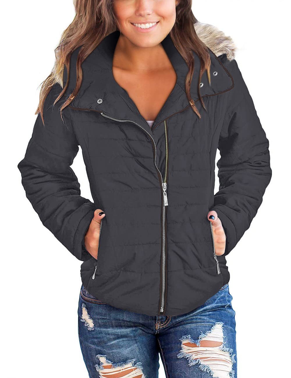 Vetinee Women Casual Faux Fur Lapel Zip Pockets Quilted Parka Jacket Puffer Coat