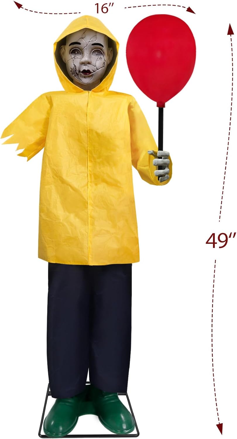 Halloween Decorations Outdoor, 4 Ft Life Size Animatronics Prop with Glowing Balloon, Sound-Activated Sensor, Scary Decor for Home Party Indoor Outside Garden Lawn Grave Yard