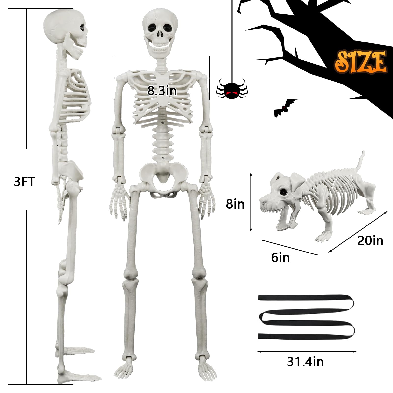 Lighted Human & Dog Skeleton Halloween Decorations Outdoor/Indoor - 36 Inch Realistic Full Body Movable Posable Skeleton Spooky Halloween Decor for Garden Yard Porch Indoor Party Haunted Graveyard