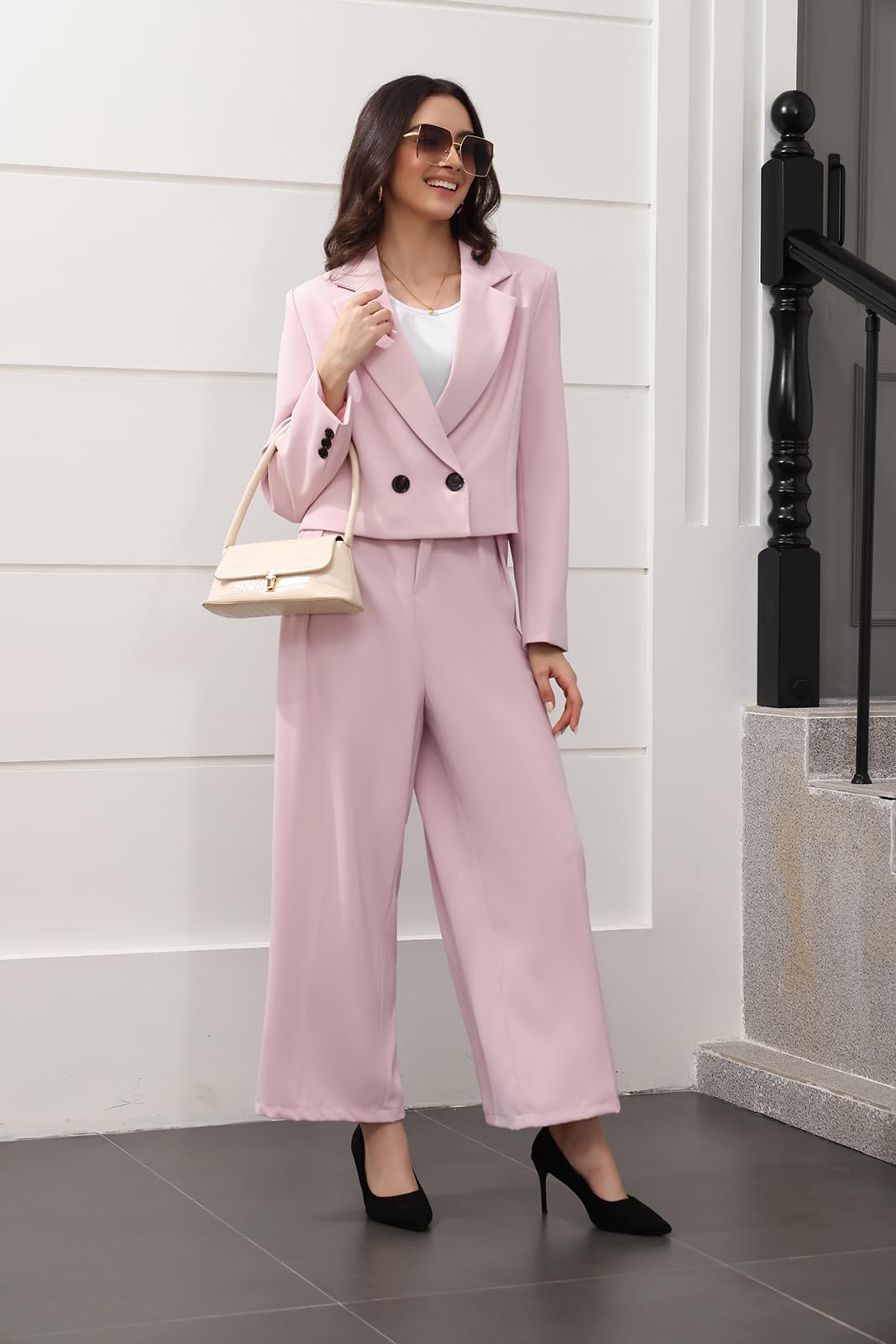 Lamgool Women's Suit 2 Piece Casual Outfits Cropped Blazer High Waisted Wide Leg Pants for Work