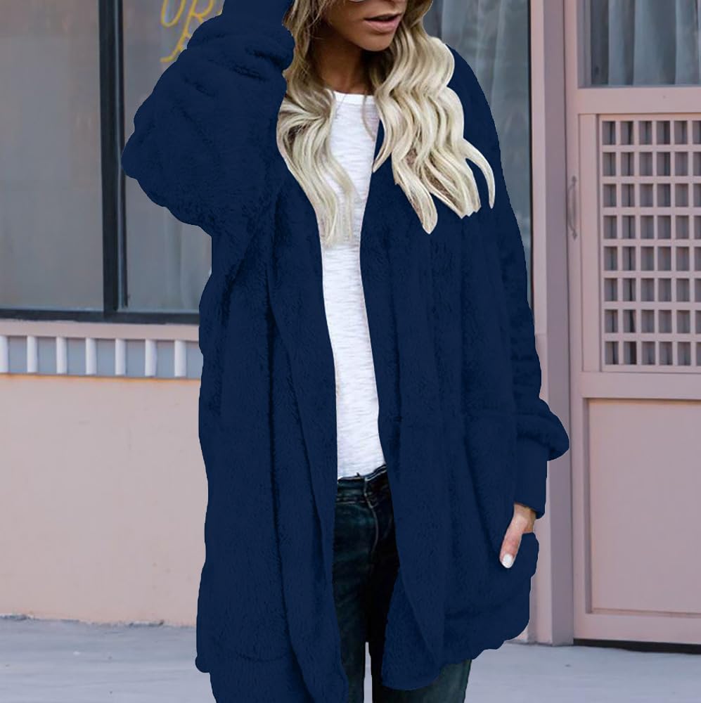 CHICGAL Womens Fuzzy Jacket Hooded Cardigan Open Front Sherpa Coat Outwear with Pockets
