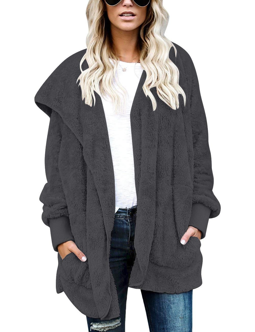 CHICGAL Womens Fuzzy Jacket Hooded Cardigan Open Front Sherpa Coat Outwear with Pockets
