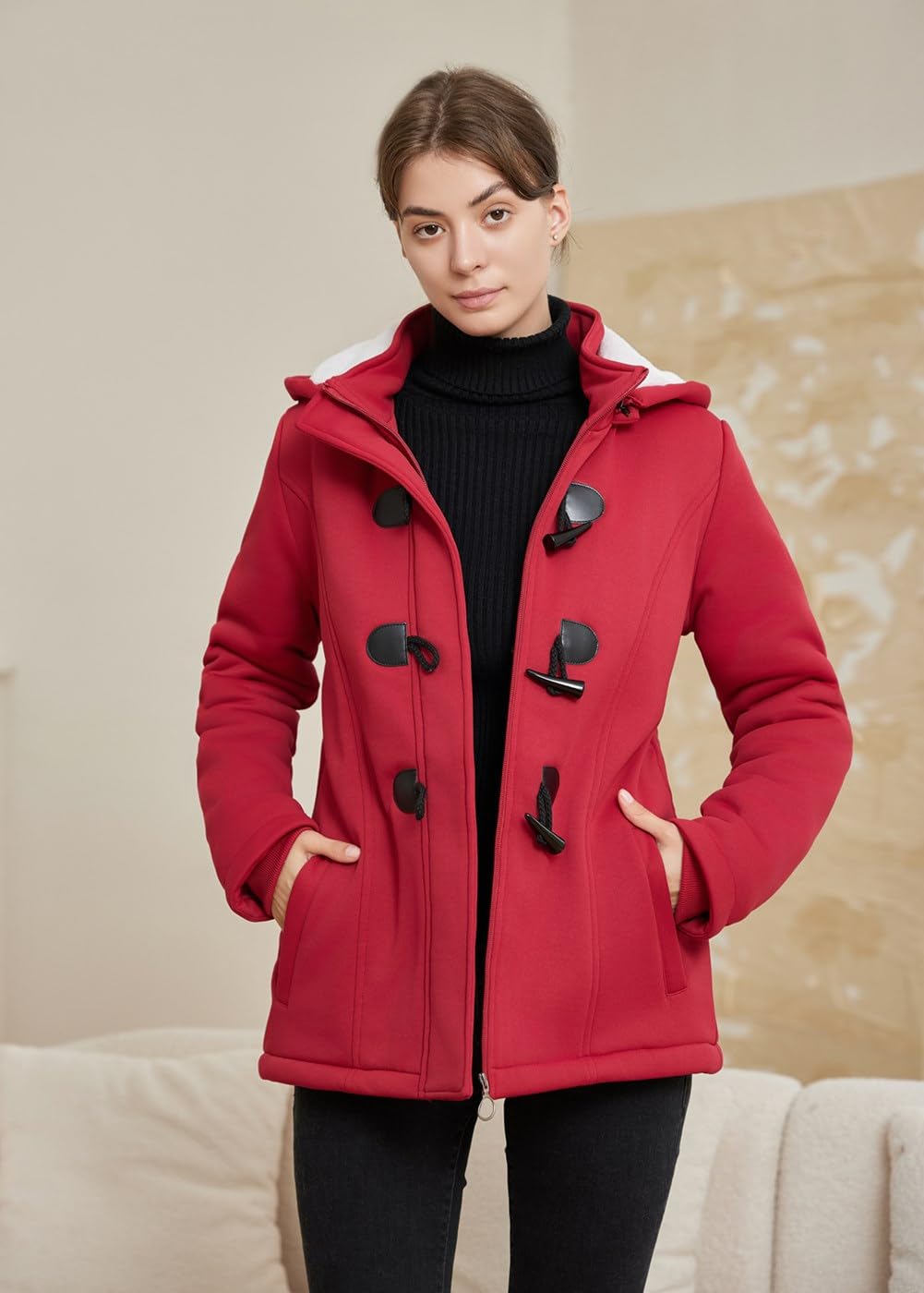 JiangWu Womens Fashion Horn Button Fleece Thicken Coat with Hood Winter Warm Jacket