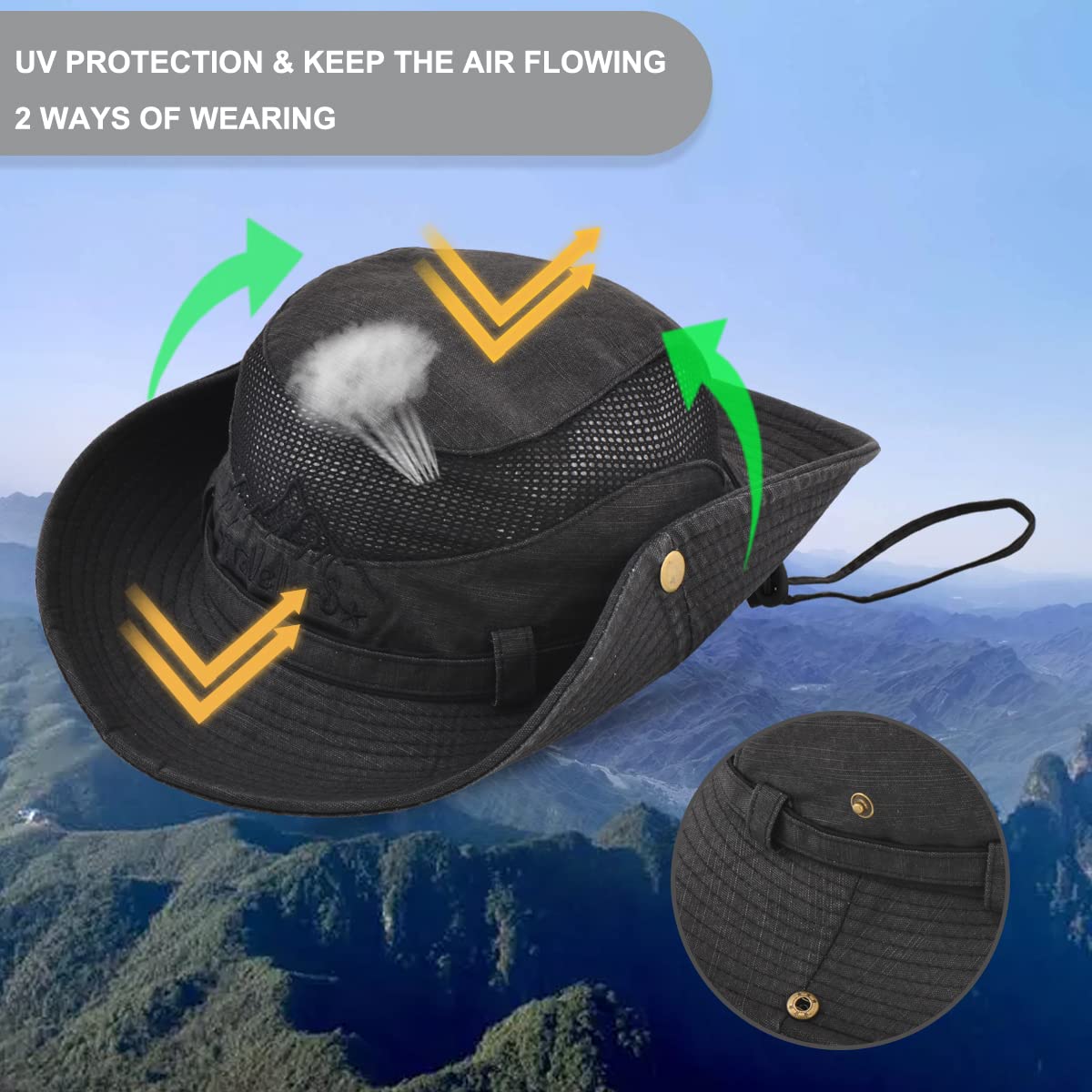 Sun Hat for Men, Cotton Embroidery Summer Outdoor Sun Protection Wide Brim Bucket Hat Foldable Safari Boonie Hat